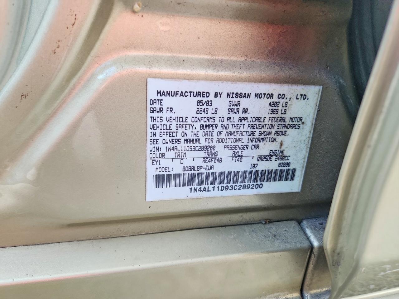 2003 Nissan Altima Gold vin: 1N4AL11D93C289200