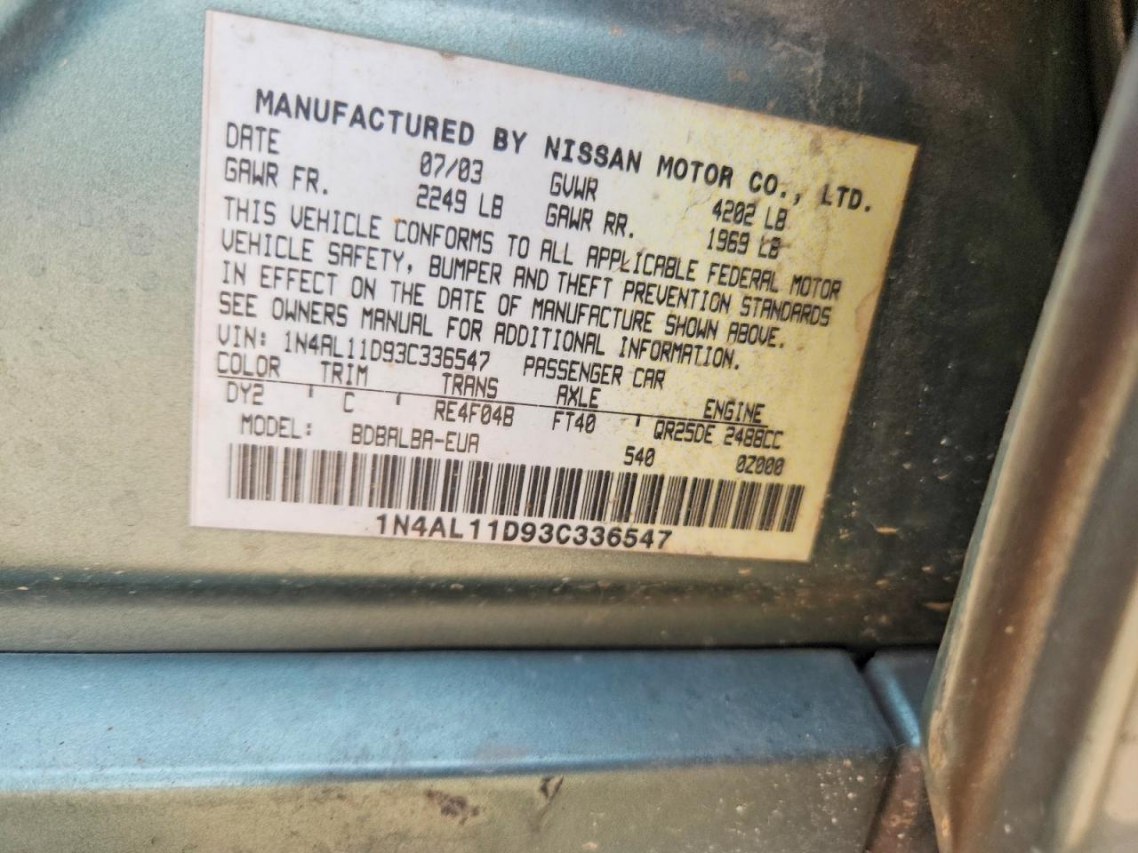 2003 Nissan Altima 2.5 Teal vin: 1N4AL11D93C336547