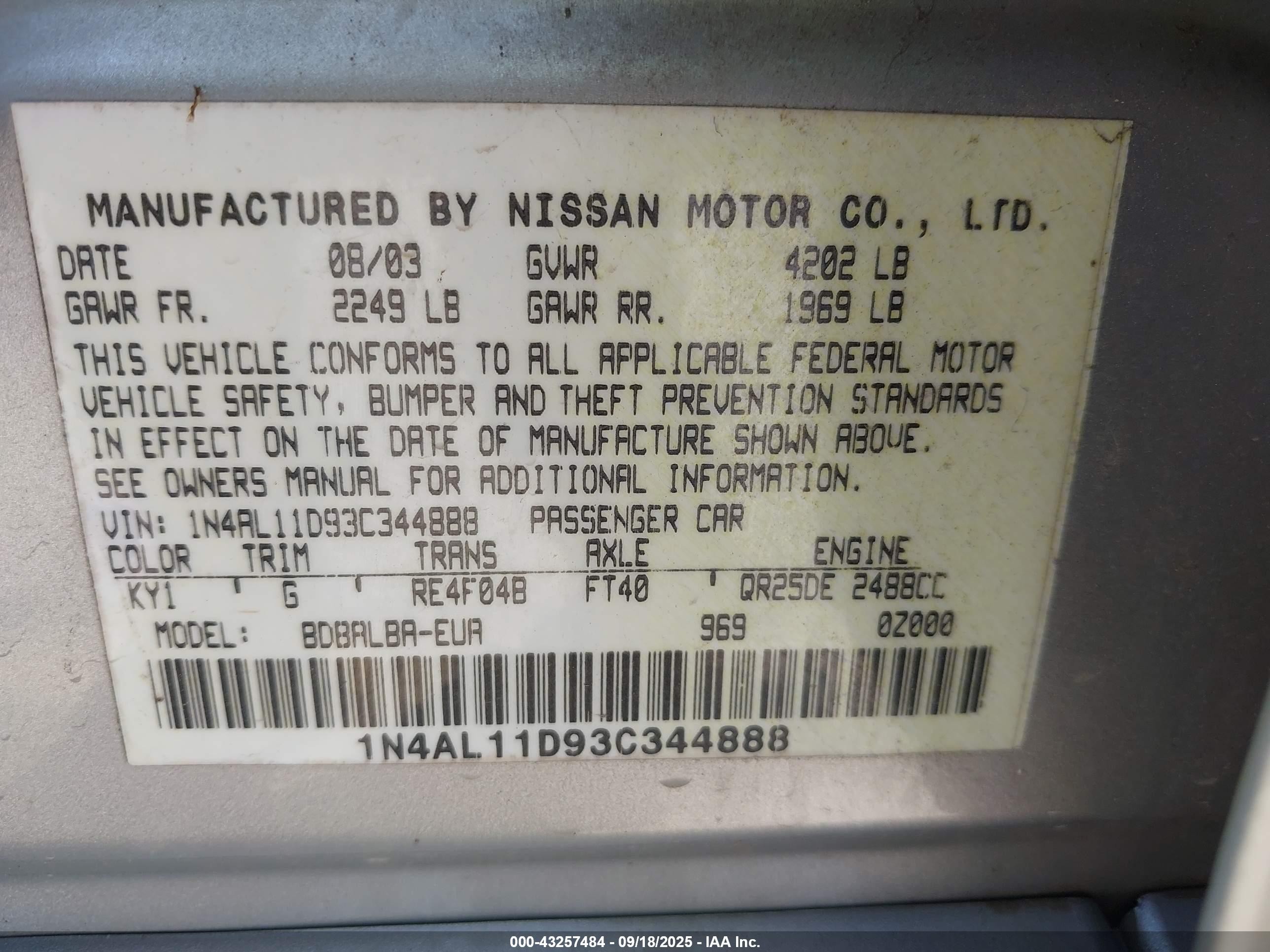 2003 Nissan Altima 2.5 S Silver vin: 1N4AL11D93C344888