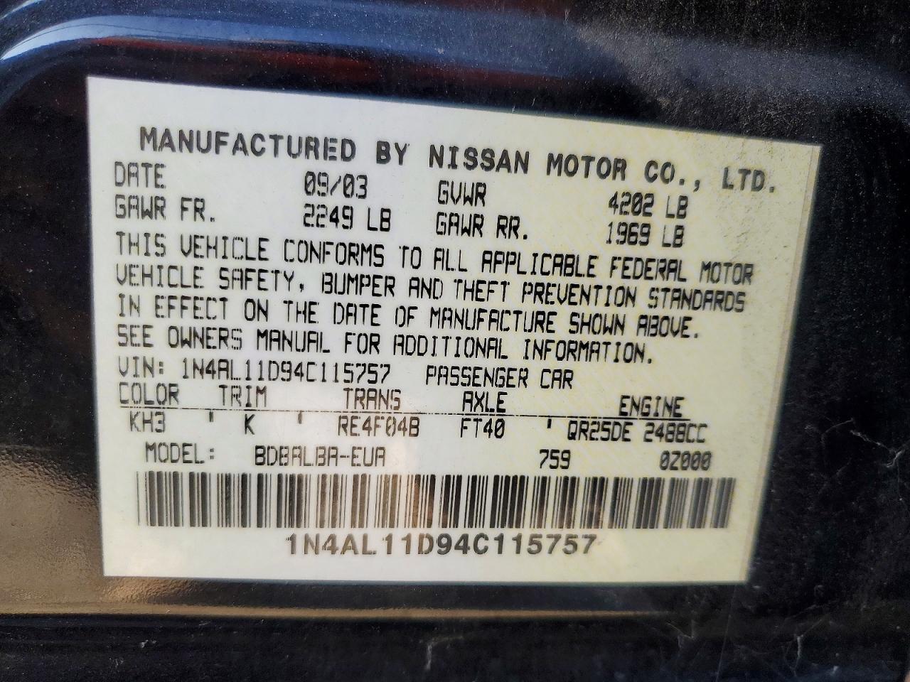 2004 Nissan Altima 2.5 Black vin: 1N4AL11D94C115757