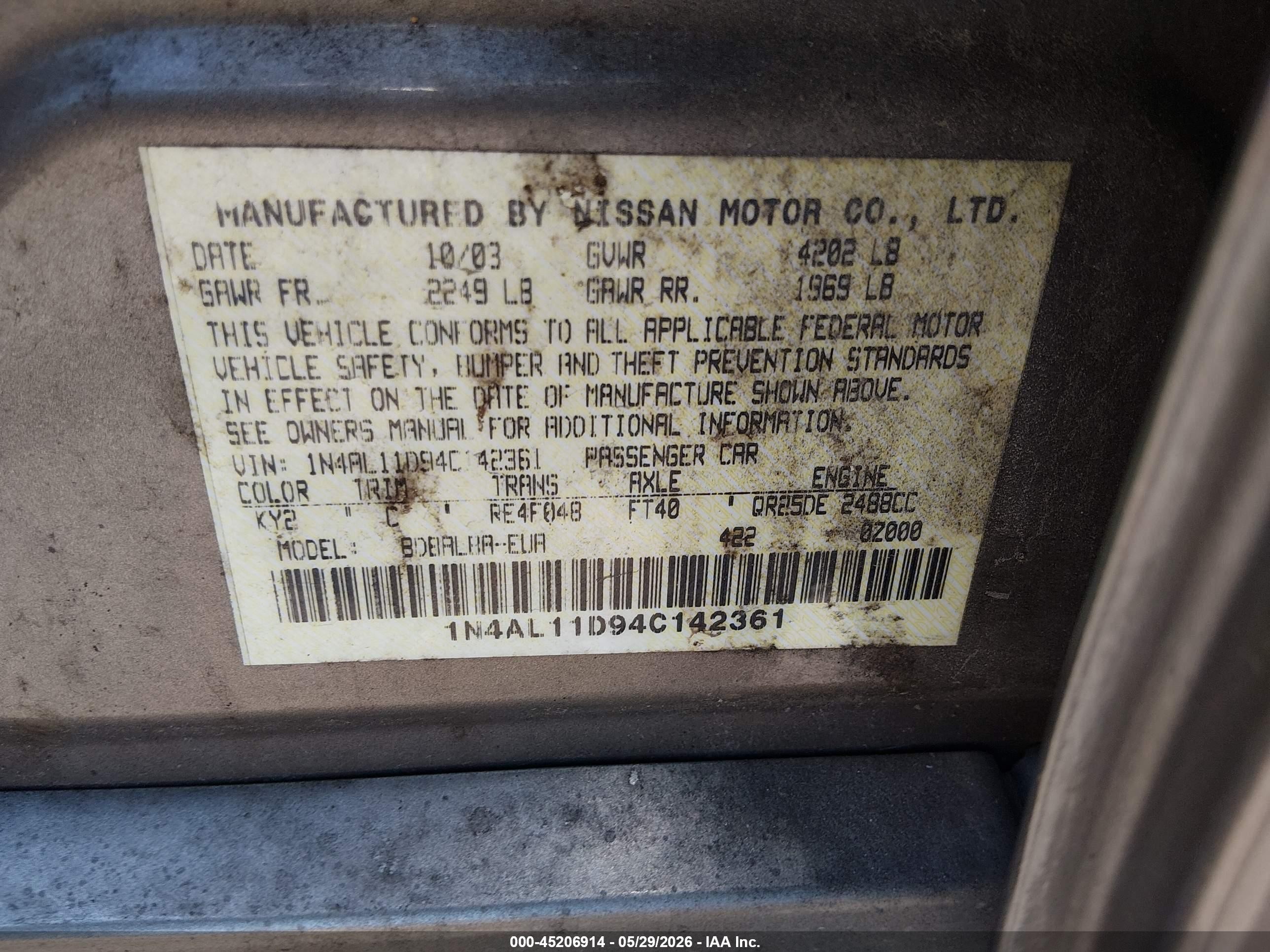 2004 Nissan Altima 2.5 S Tan vin: 1N4AL11D94C142361