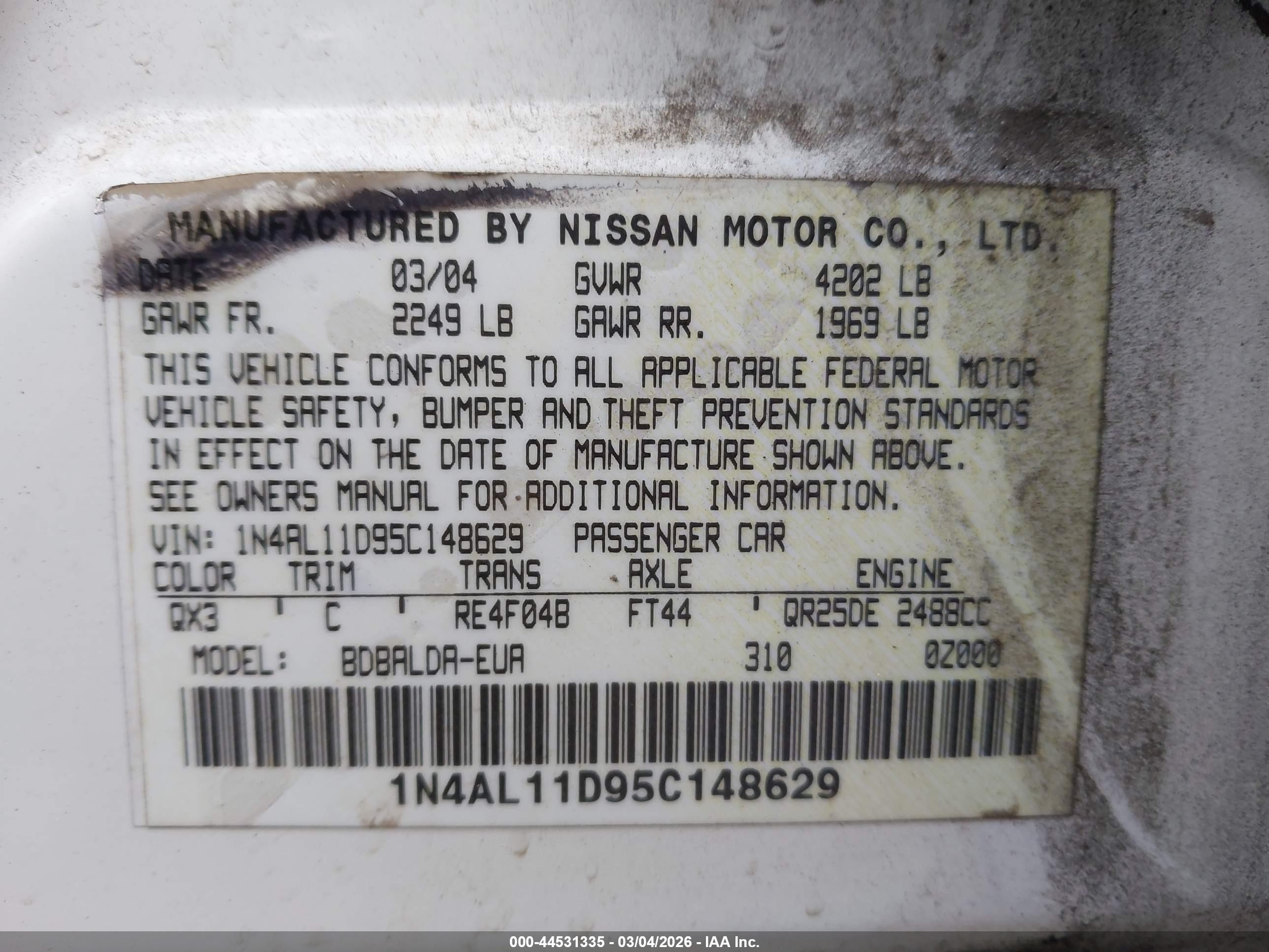 2005 Nissan Altima 2.5 S White vin: 1N4AL11D95C148629