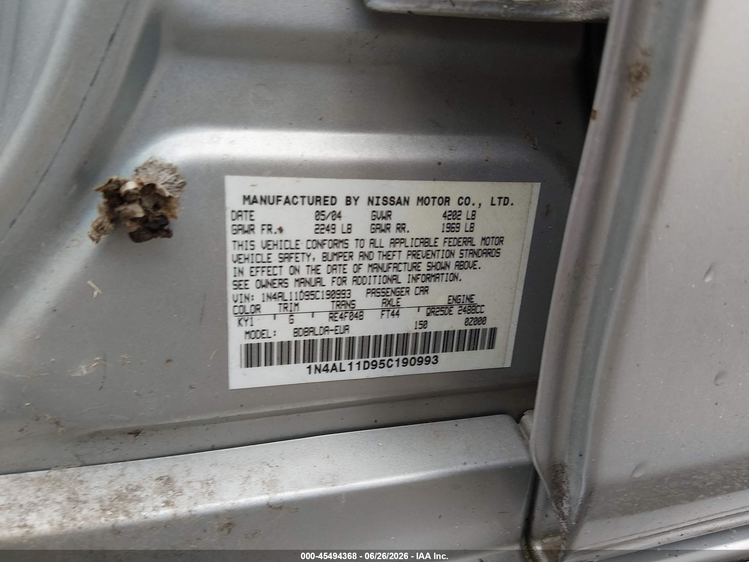 2005 Nissan Altima 2.5 S Silver vin: 1N4AL11D95C190993