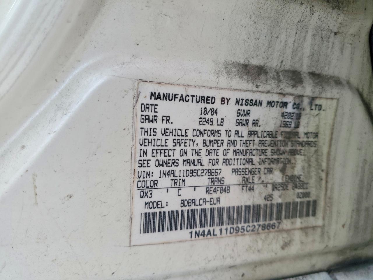 2005 Nissan Altima 2.5 White vin: 1N4AL11D95C278667