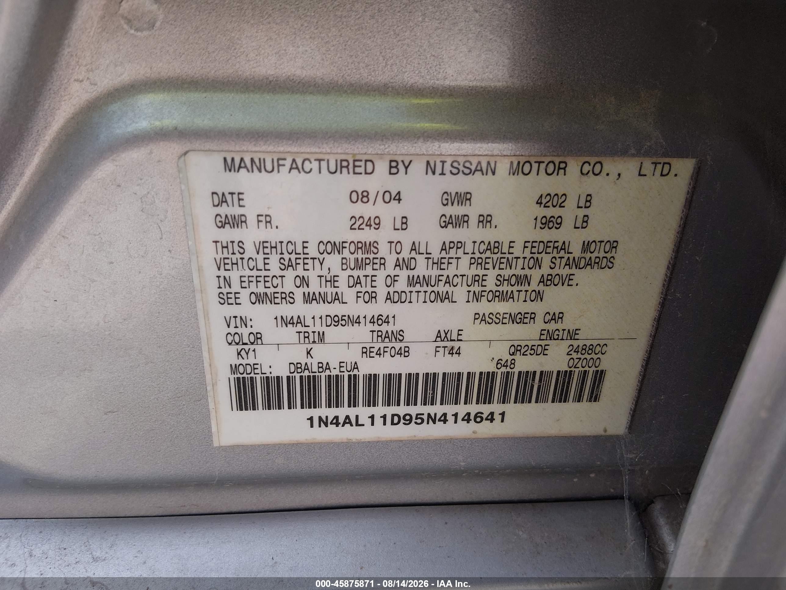 2005 Nissan Altima 2.5 S Серебряный vin: 1N4AL11D95N414641