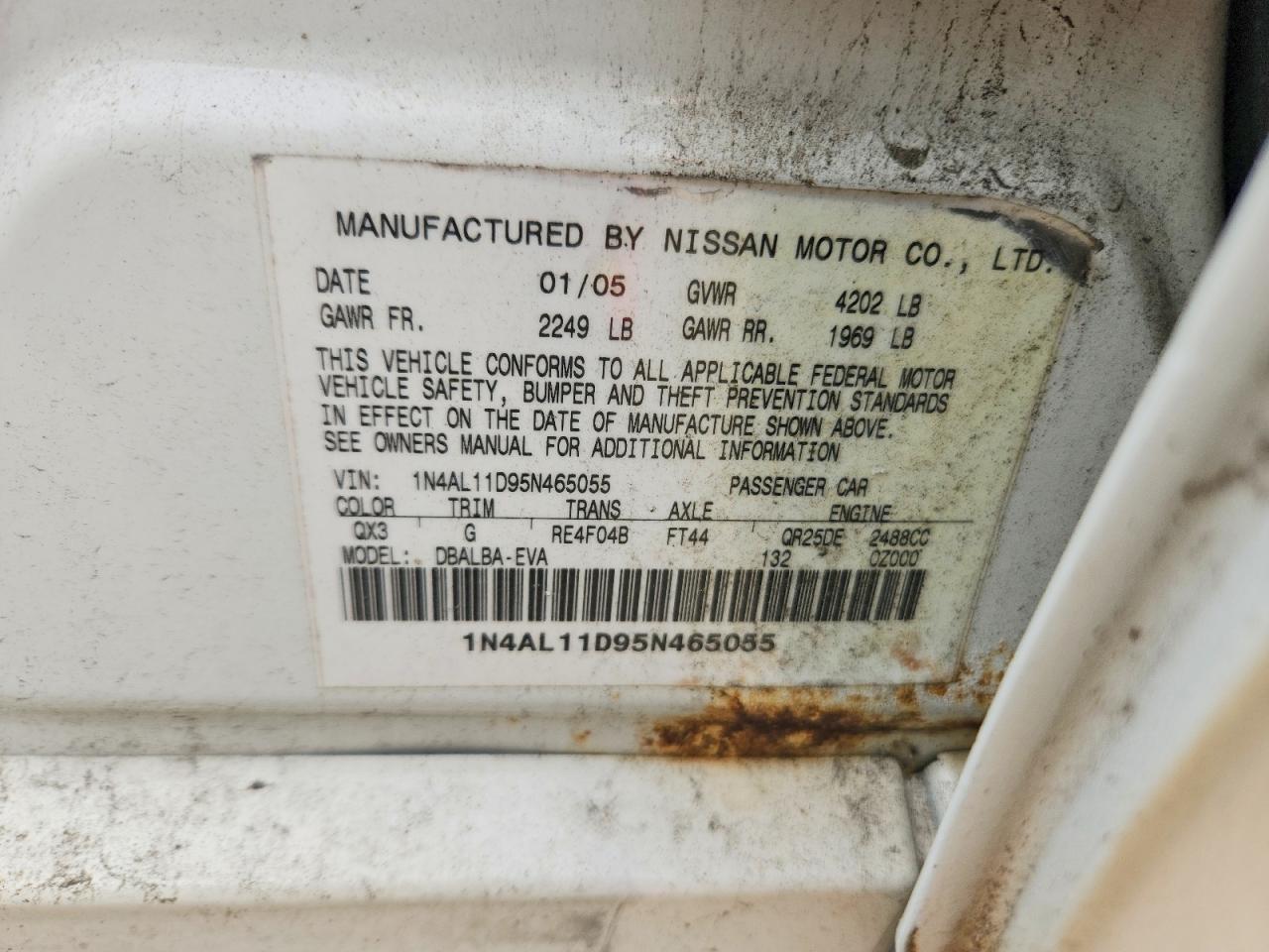 2005 Nissan Altima 2.5 White vin: 1N4AL11D95N465055