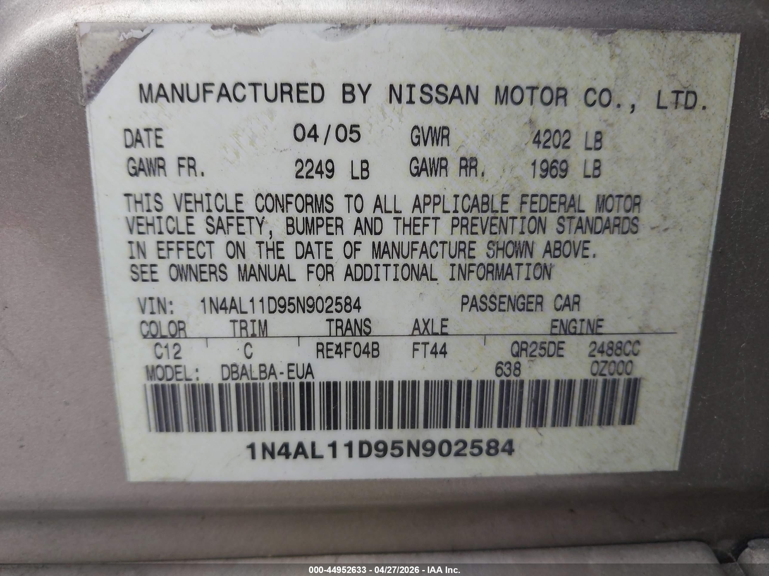 2005 Nissan Altima 2.5 S Tan vin: 1N4AL11D95N902584