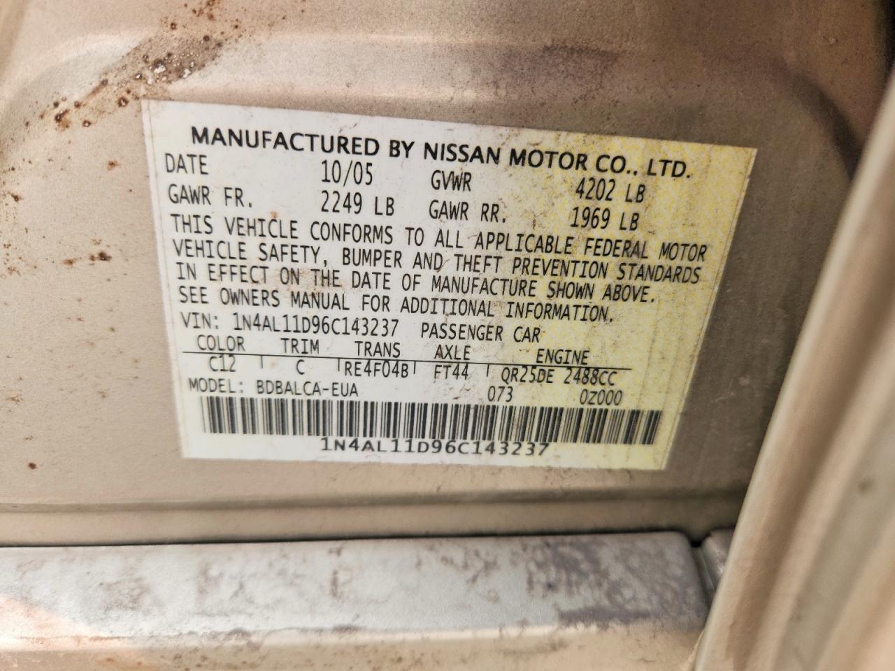 2006 Nissan Altima 2.5 Tan vin: 1N4AL11D96C143237