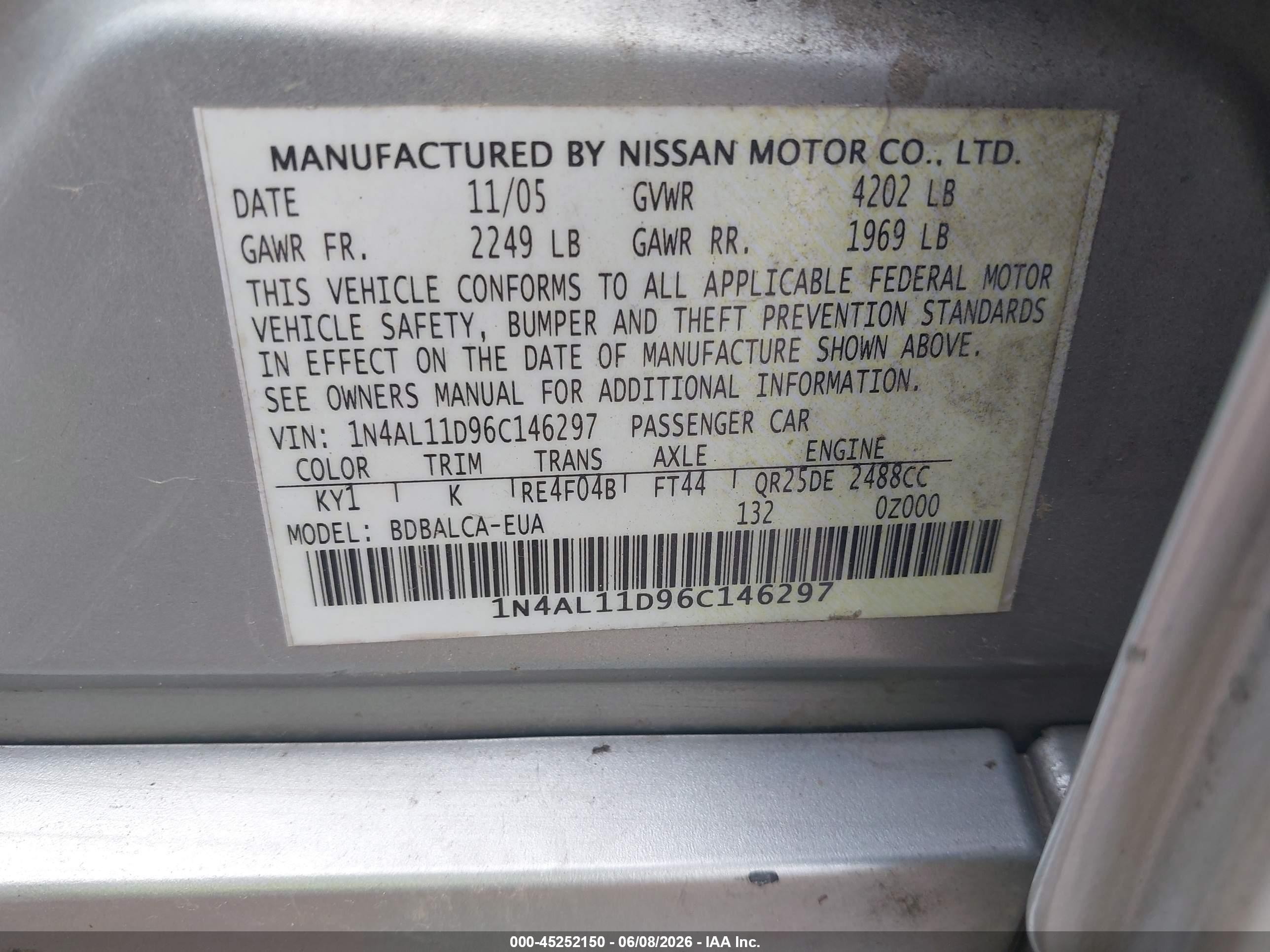 2006 Nissan Altima 2.5 S Gray vin: 1N4AL11D96C146297