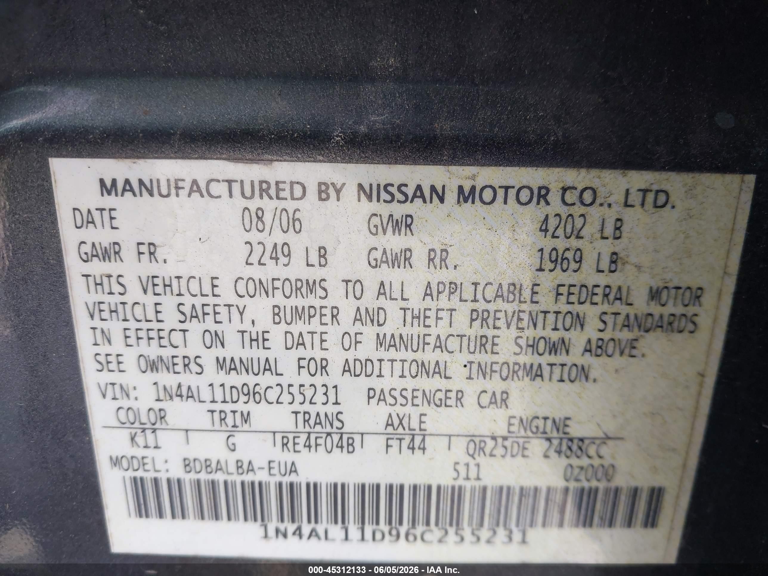2006 Nissan Altima 2.5 S Gray vin: 1N4AL11D96C255231