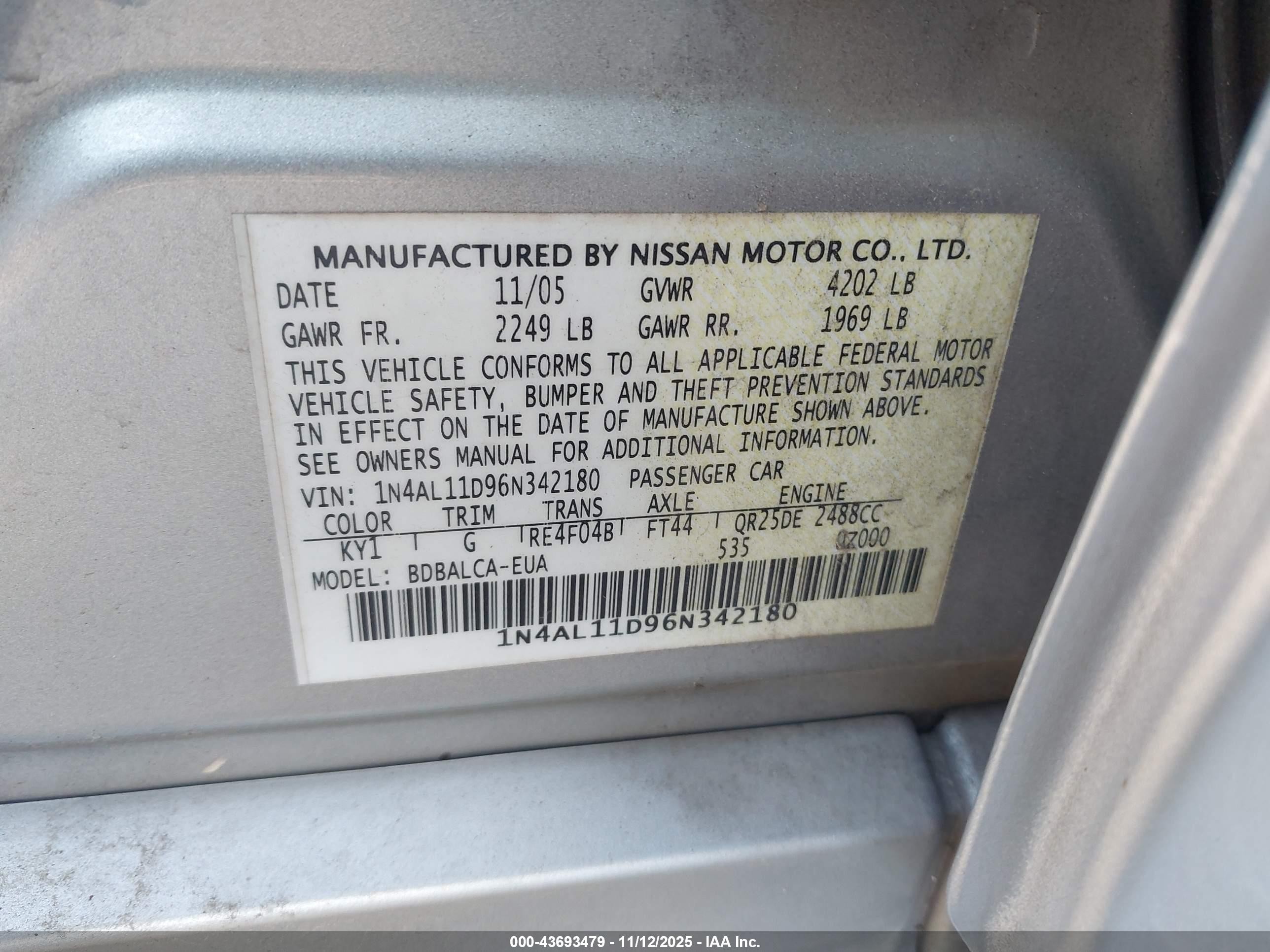 2006 Nissan Altima 2.5 S Silver vin: 1N4AL11D96N342180