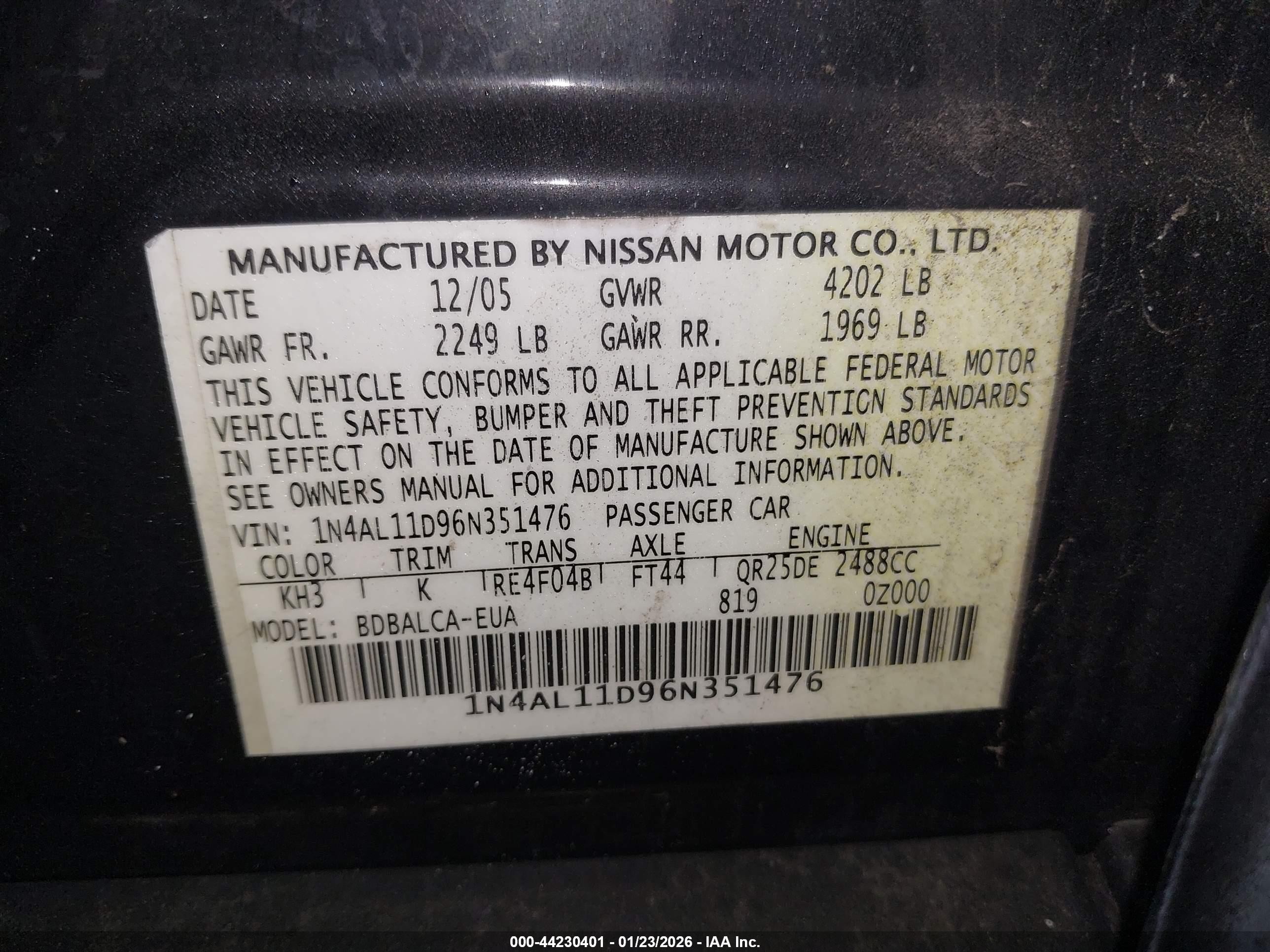 2006 Nissan Altima 2.5 S Black vin: 1N4AL11D96N351476