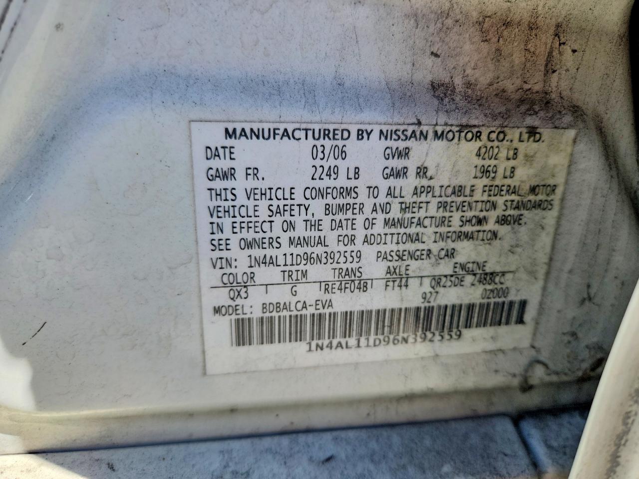 2006 Nissan Altima 2.5 White vin: 1N4AL11D96N392559