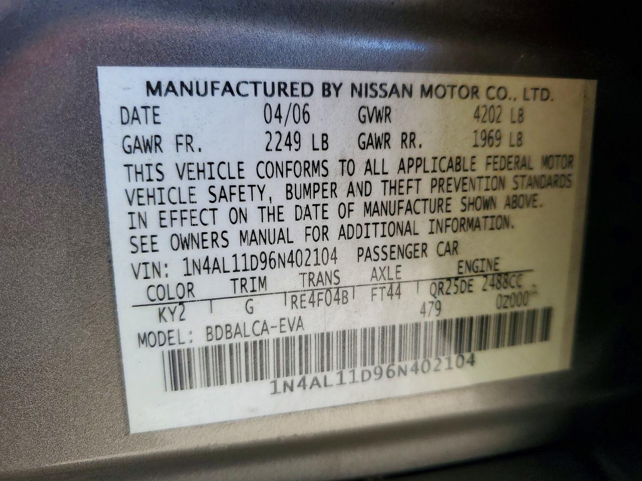 2006 Nissan Altima S Серый vin: 1N4AL11D96N402104