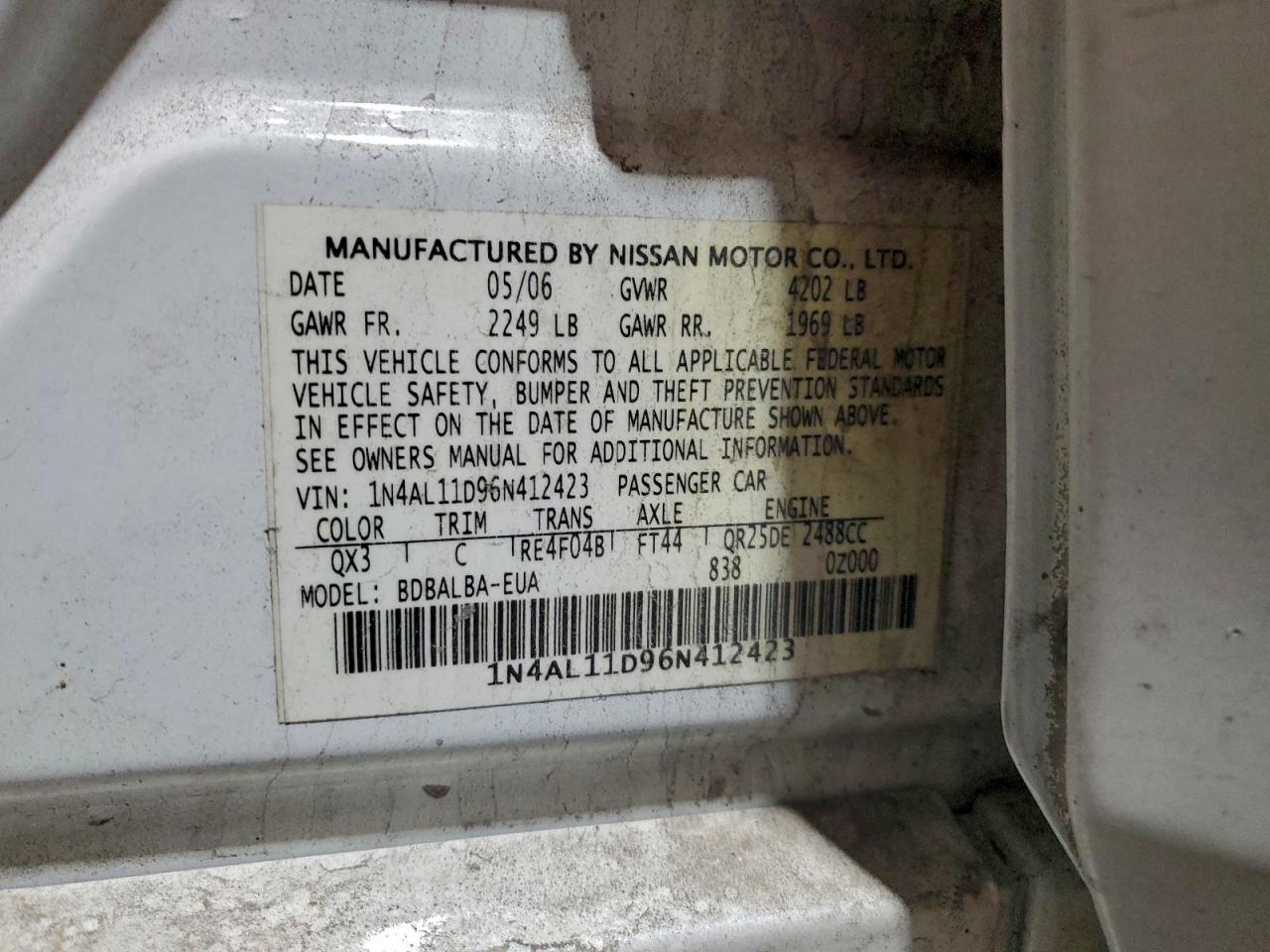 2006 Nissan Altima S White vin: 1N4AL11D96N412423