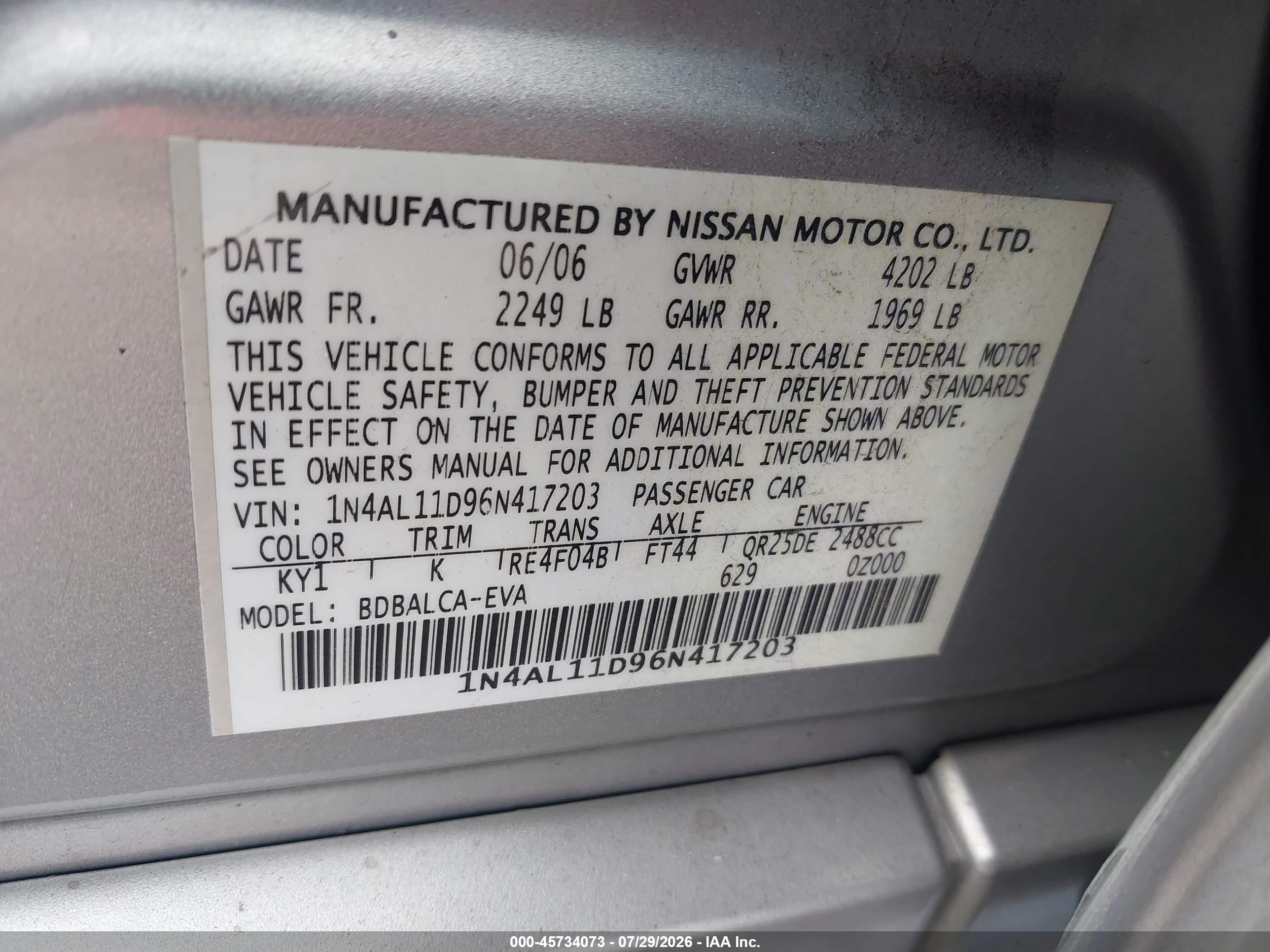 2006 Nissan Altima 2.5 S Серебряный vin: 1N4AL11D96N417203