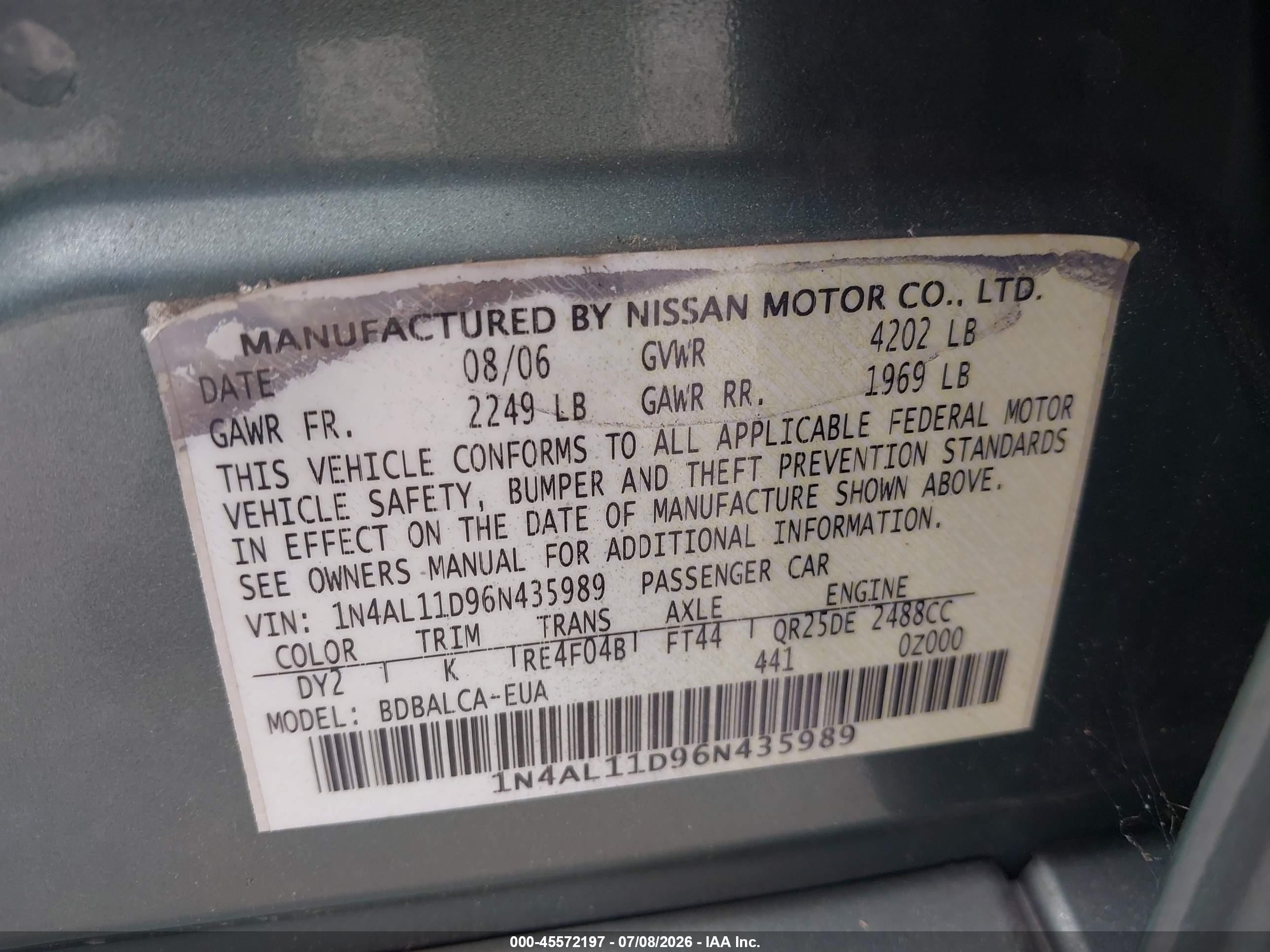 2006 Nissan Altima 2.5 S Green vin: 1N4AL11D96N435989