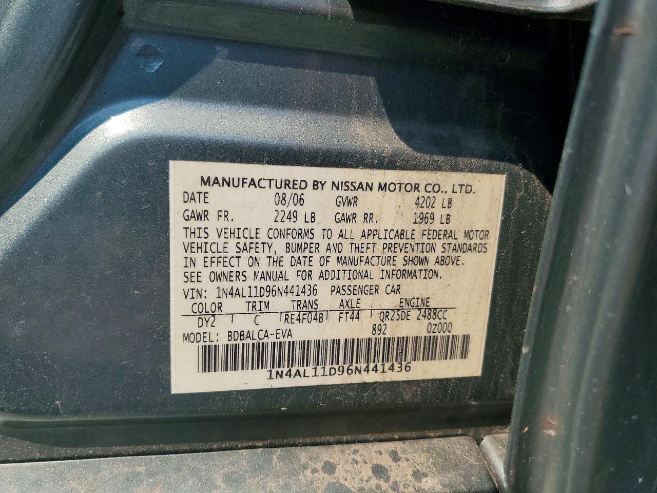2006 Nissan Altima 2.5 Green vin: 1N4AL11D96N441436
