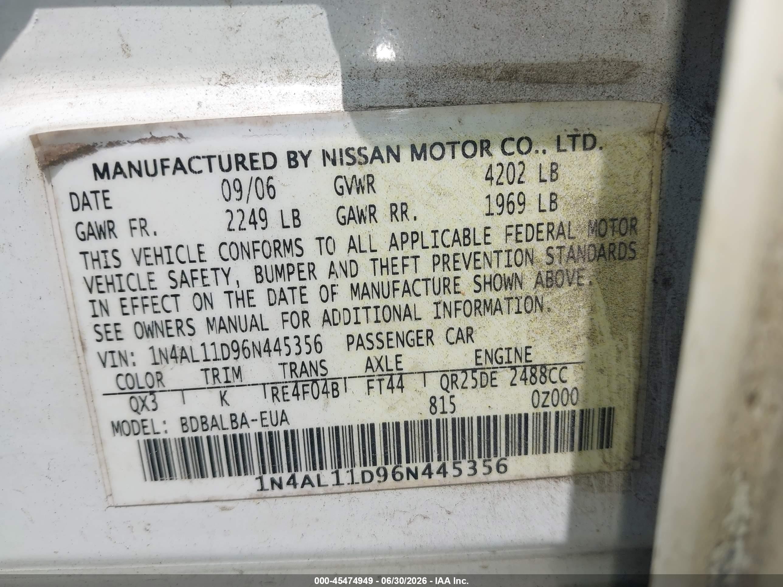 2006 Nissan Altima 2.5 S White vin: 1N4AL11D96N445356