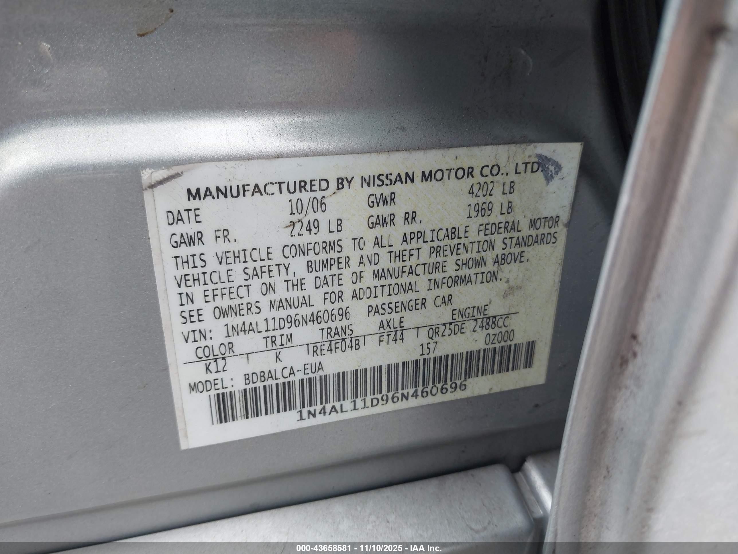 2006 Nissan Altima 2.5 S Gray vin: 1N4AL11D96N460696
