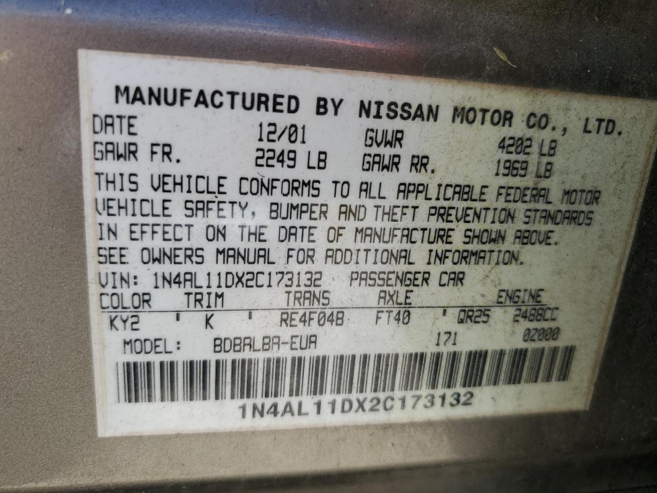 2002 Nissan Altima Base Beige vin: 1N4AL11DX2C173132