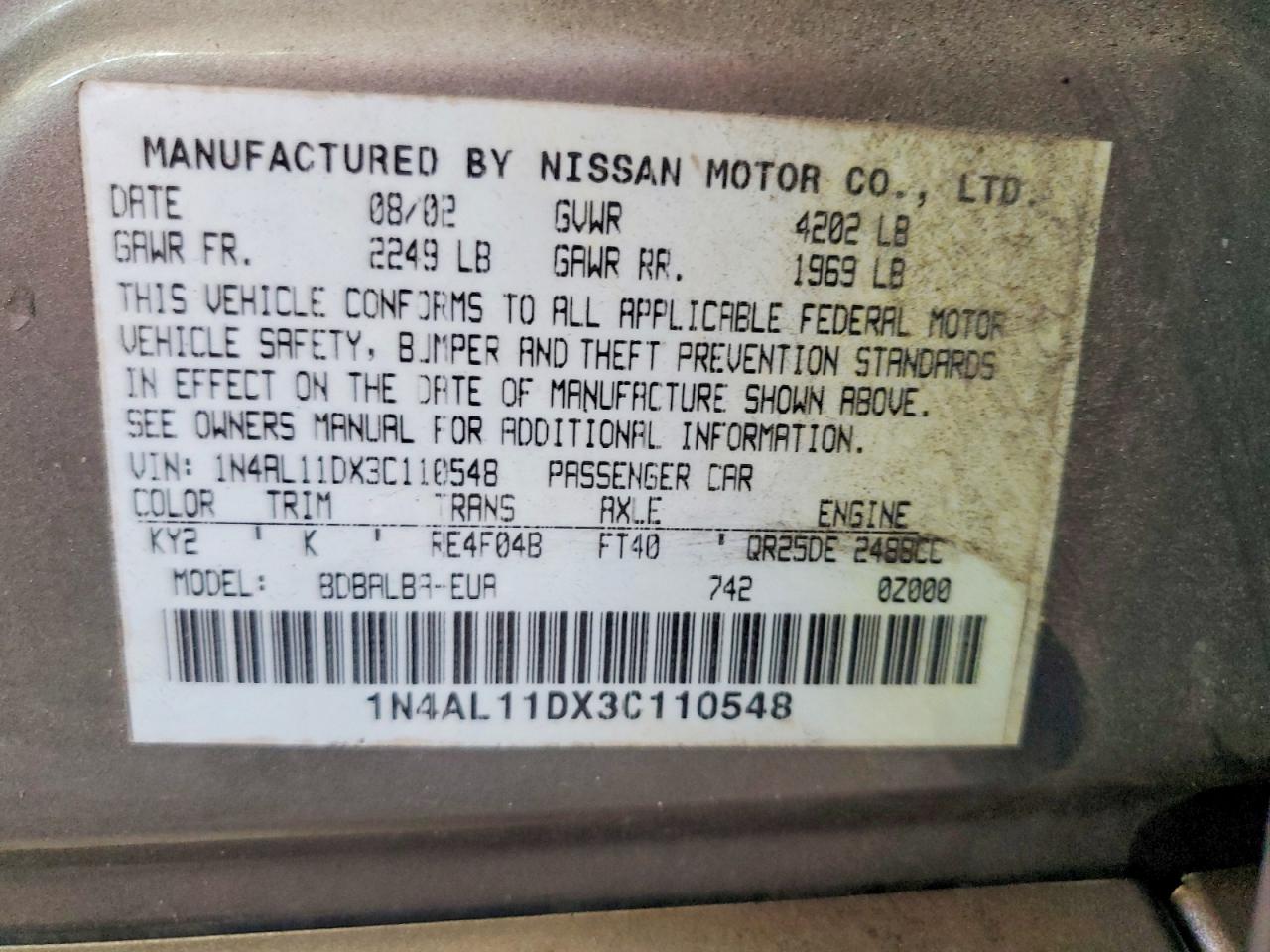 2003 Nissan Altima 2.5 Желто-коричневый vin: 1N4AL11DX3C110548