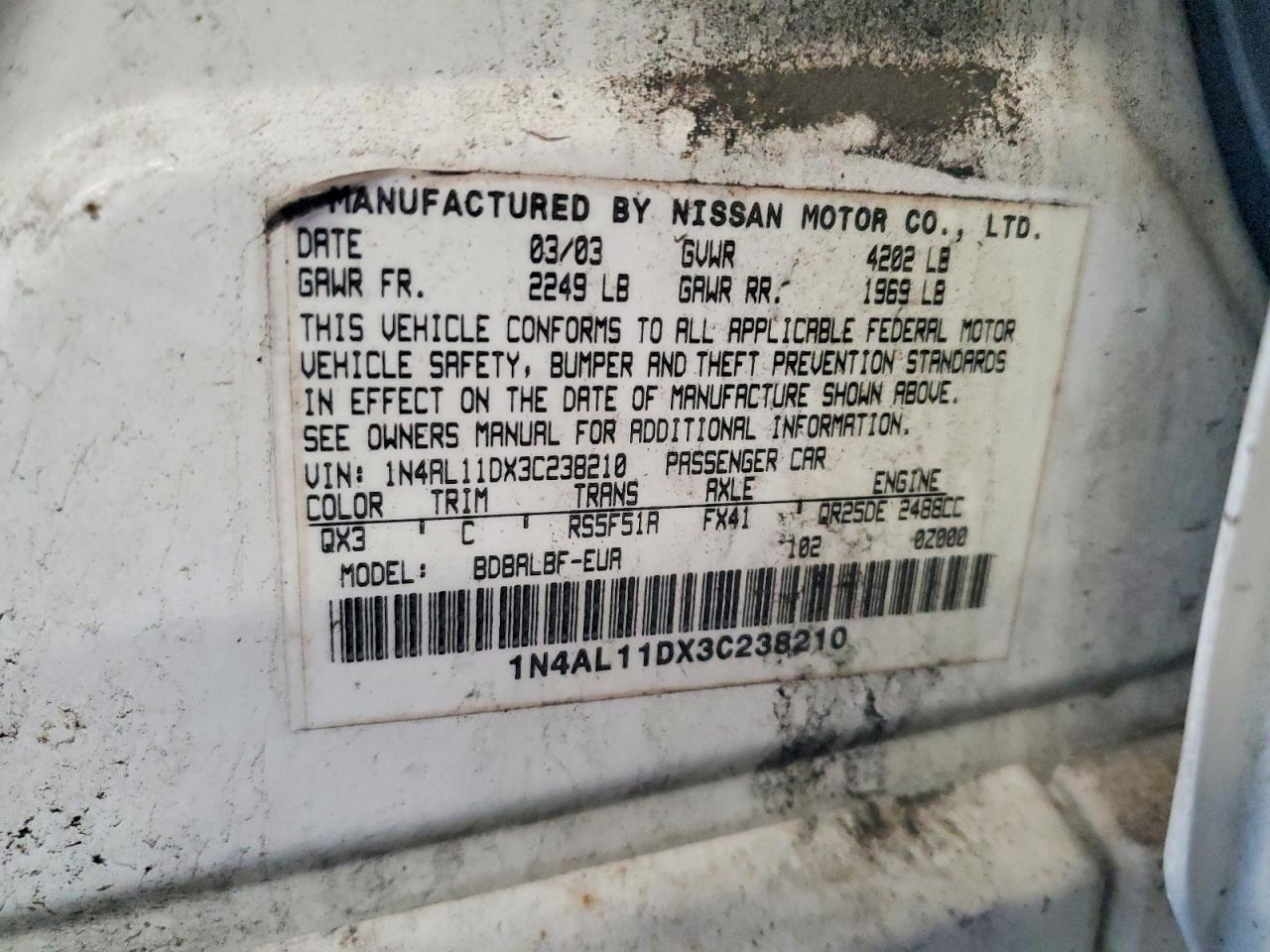 2003 Niss Altima Белый vin: 1N4AL11DX3C238210