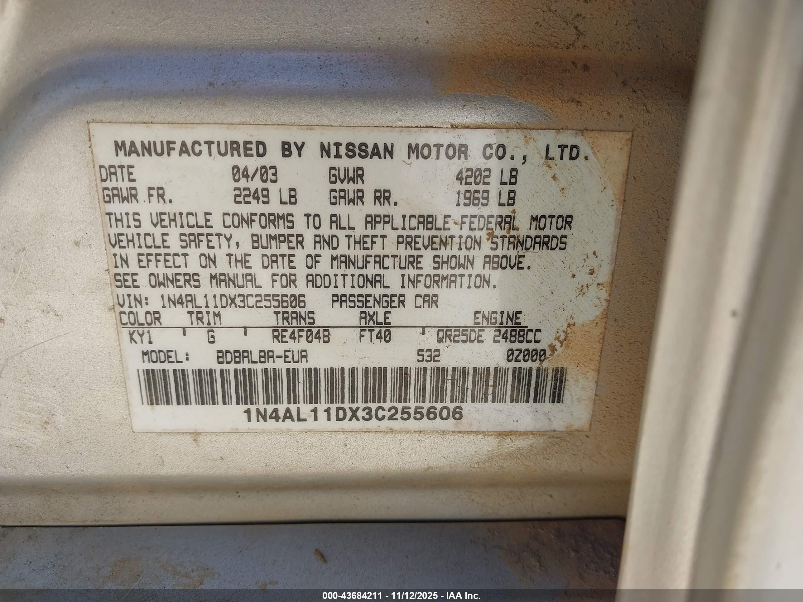 2003 Nissan Altima 2.5 Sl Silver vin: 1N4AL11DX3C255606