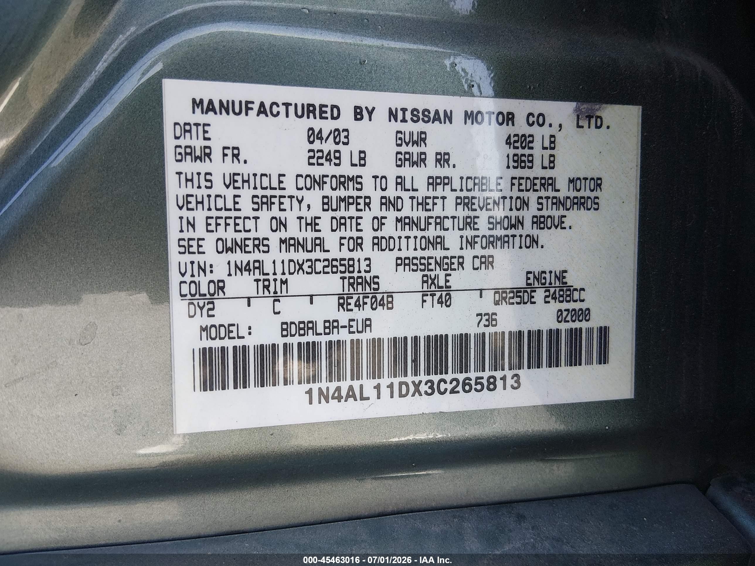 2003 Nissan Altima 2.5 S Green vin: 1N4AL11DX3C265813