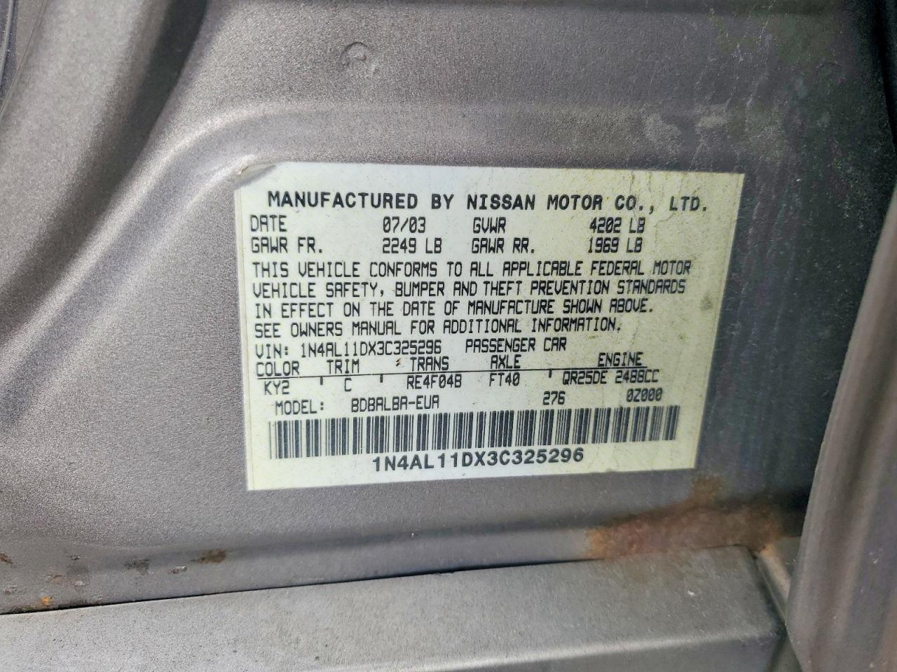 2003 Nissan Altima 2.5 Gold vin: 1N4AL11DX3C325296