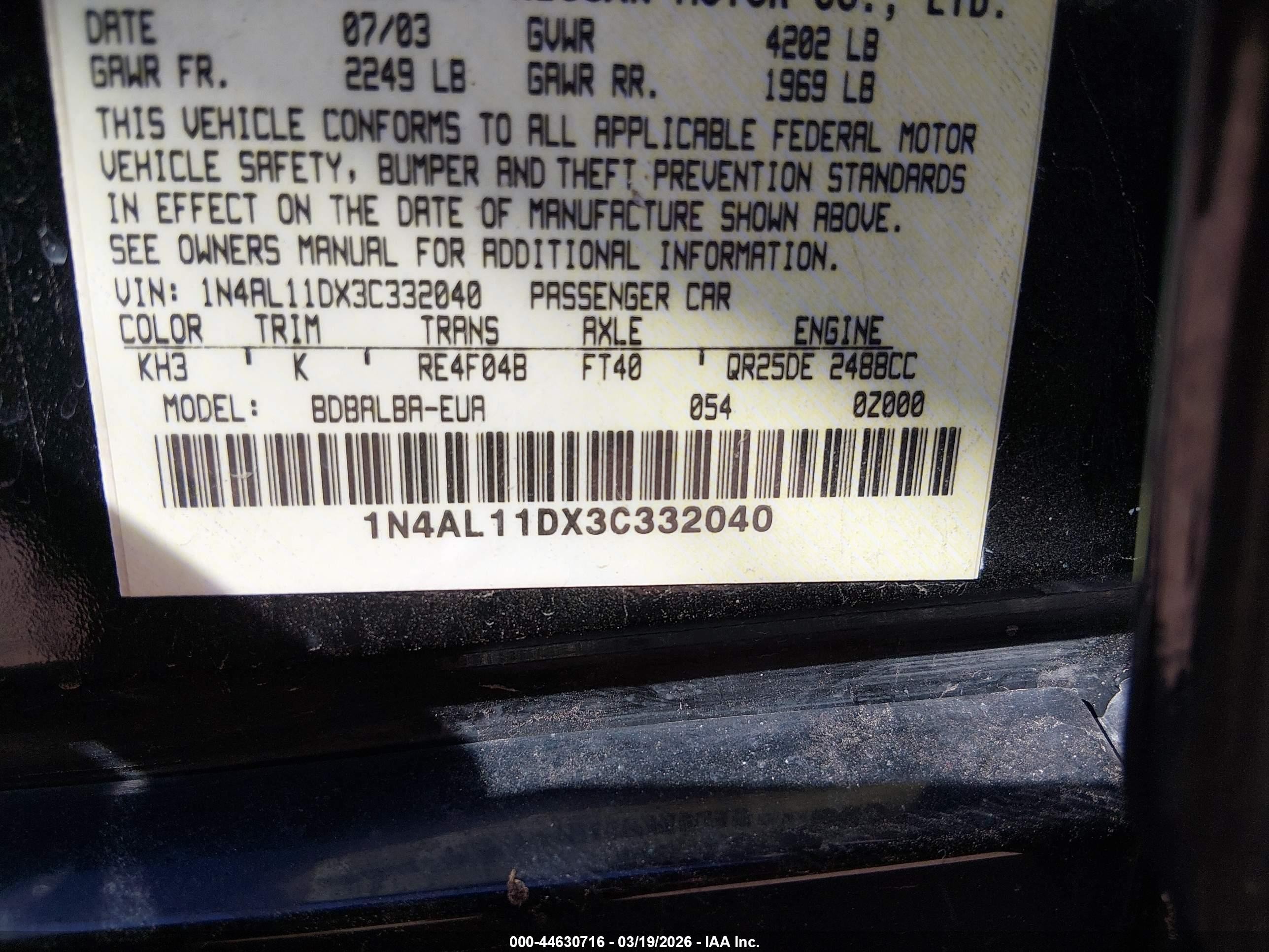 2003 Nissan Altima 2.5 S Black vin: 1N4AL11DX3C332040
