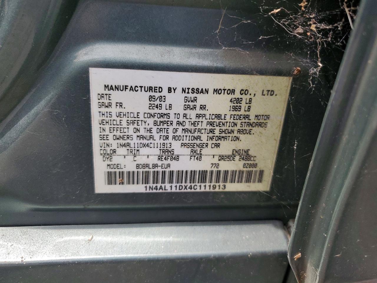 2004 Nissan Altima 2.5 Green vin: 1N4AL11DX4C111913