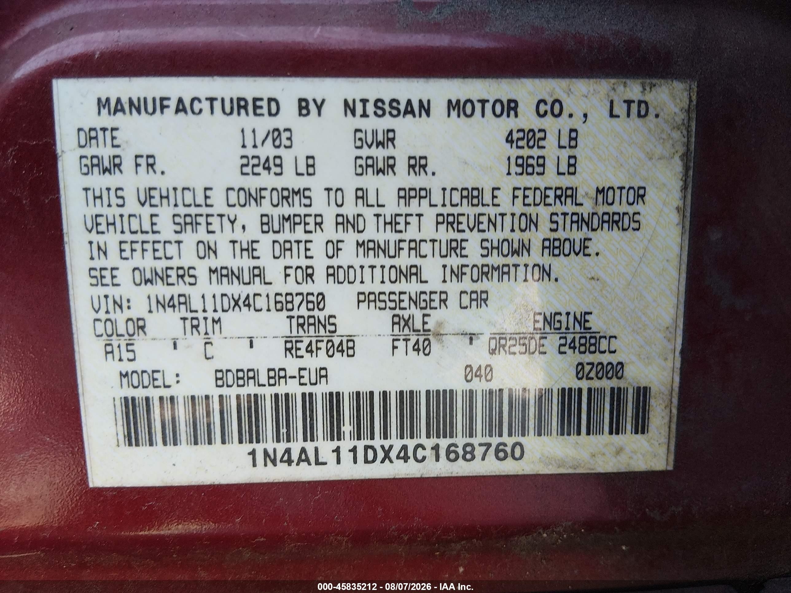2004 Nissan Altima 2.5 S Maroon vin: 1N4AL11DX4C168760