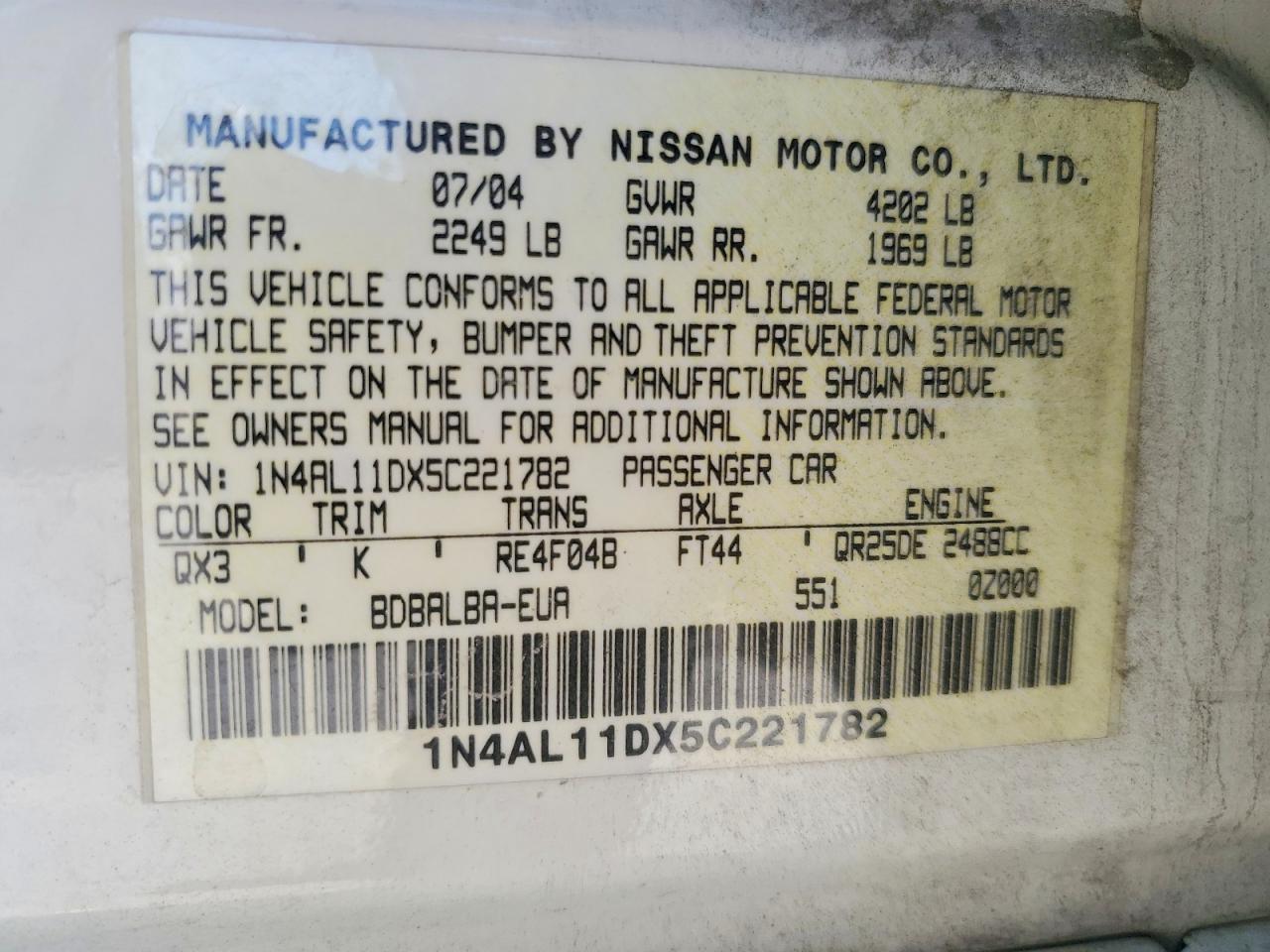 2005 Nissan Altima 2.5 Белый vin: 1N4AL11DX5C221782