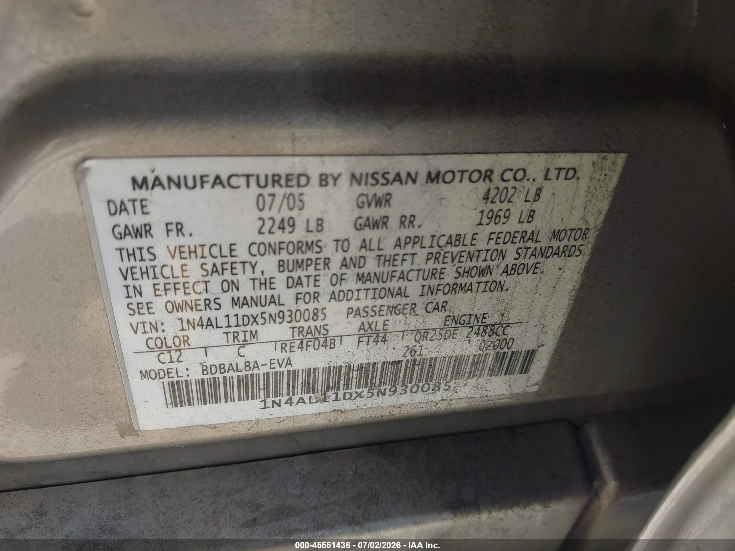 2005 Nissan Altima 2.5 S Золотой vin: 1N4AL11DX5N930085