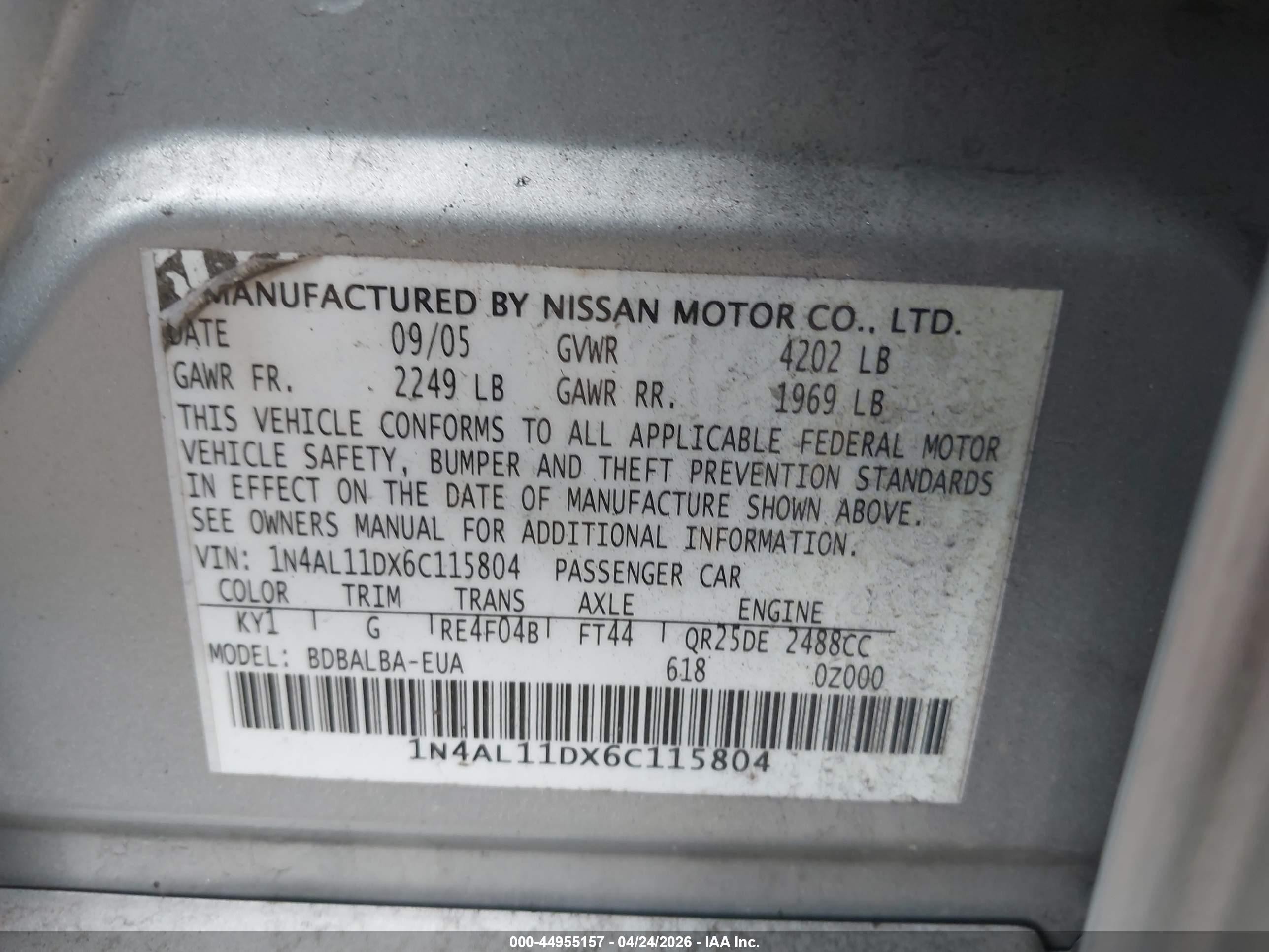 2006 Nissan Altima 2.5 S Silver vin: 1N4AL11DX6C115804