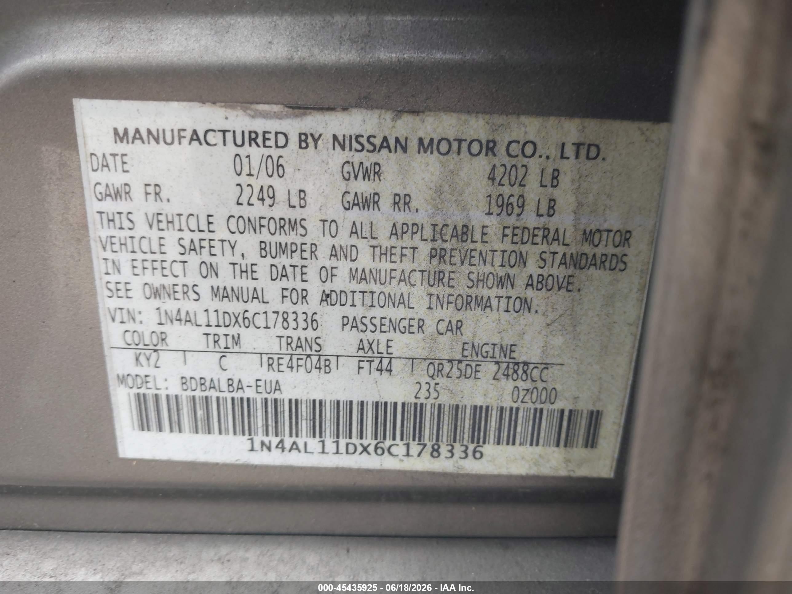 2006 Nissan Altima 2.5 S Gold vin: 1N4AL11DX6C178336
