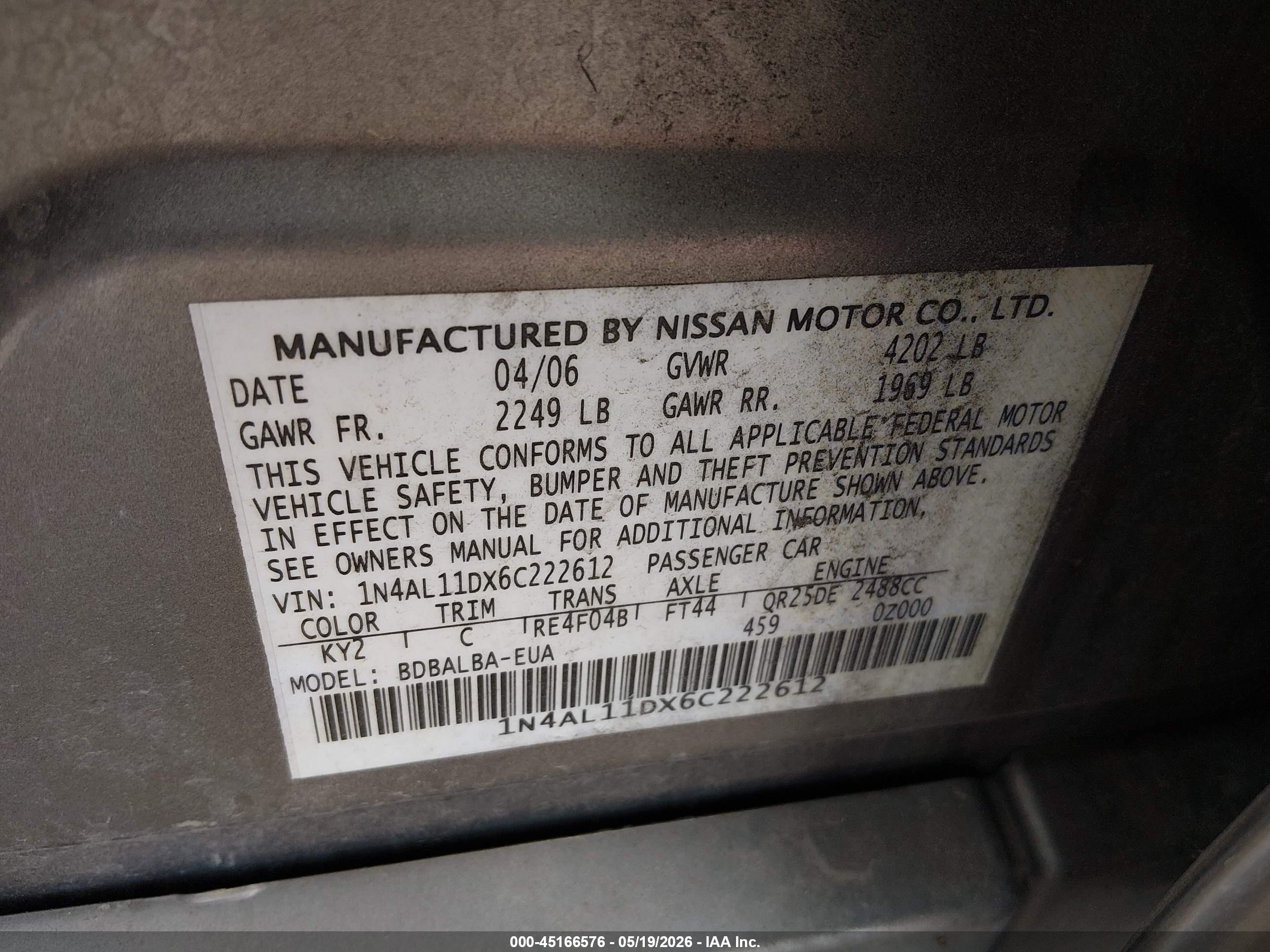 2006 Nissan Altima 2.5 S Beige vin: 1N4AL11DX6C222612