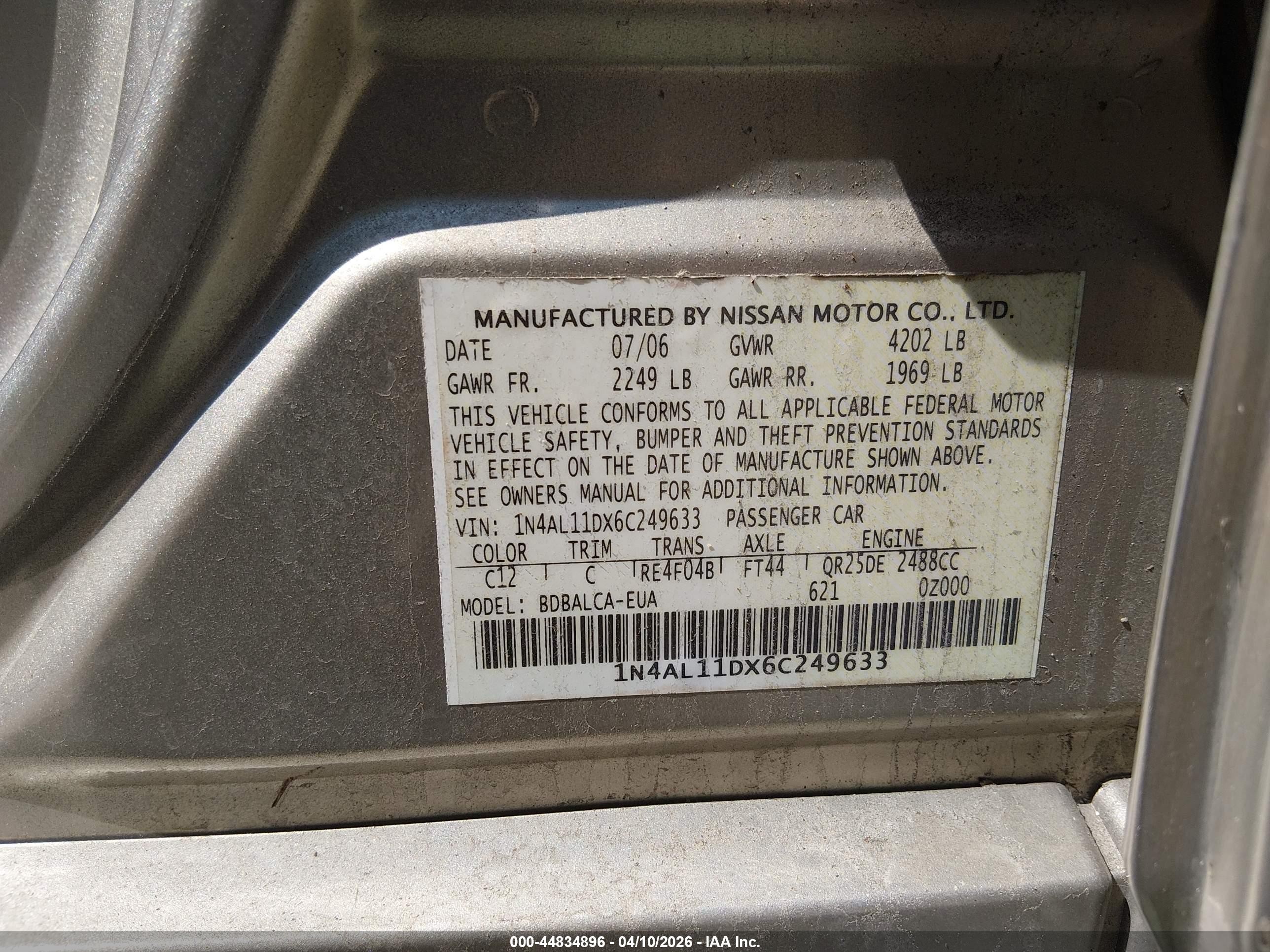 2006 Nissan Altima 2.5 S Серебряный vin: 1N4AL11DX6C249633