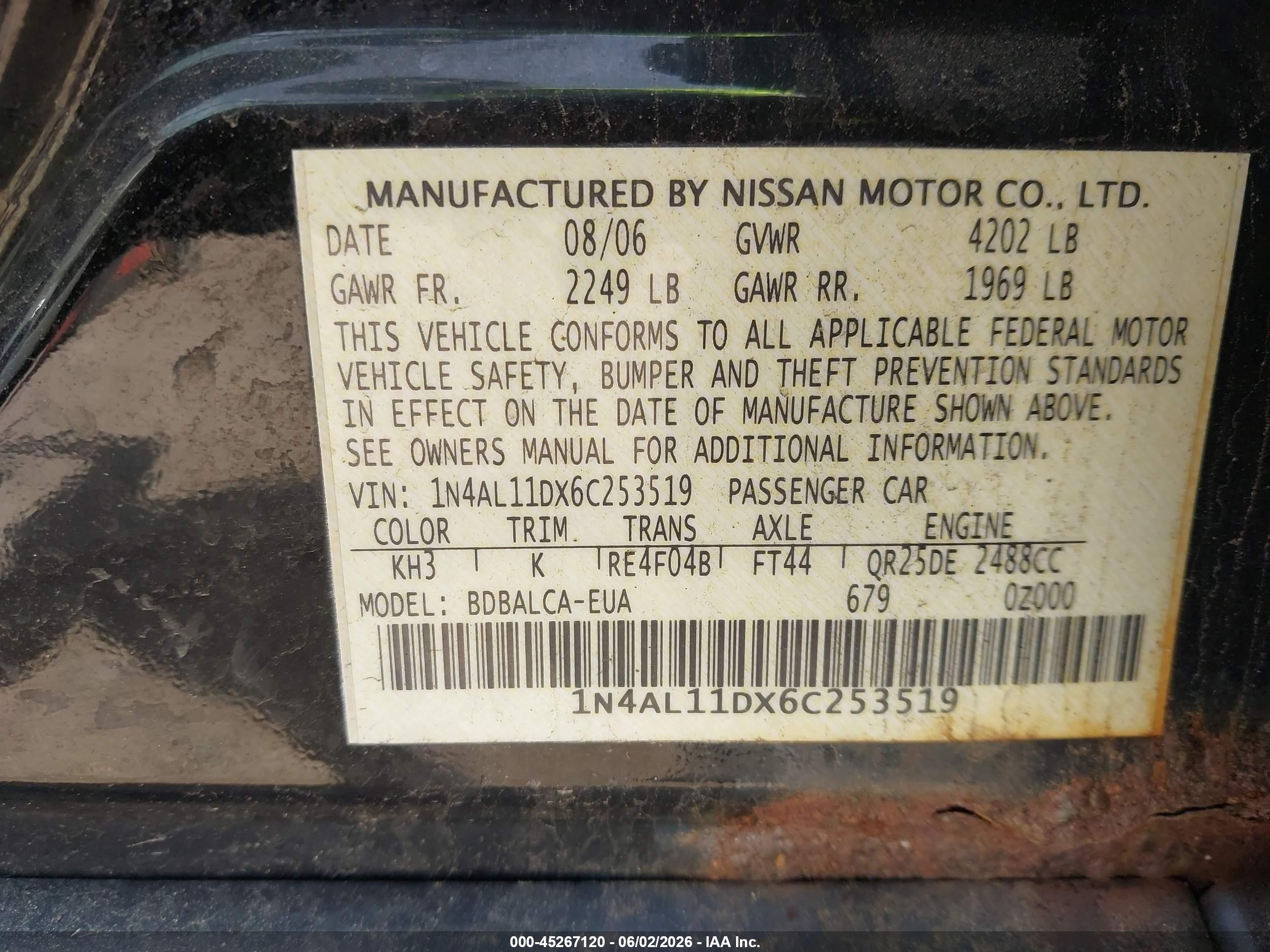 2006 Nissan Altima 2.5 S Black vin: 1N4AL11DX6C253519