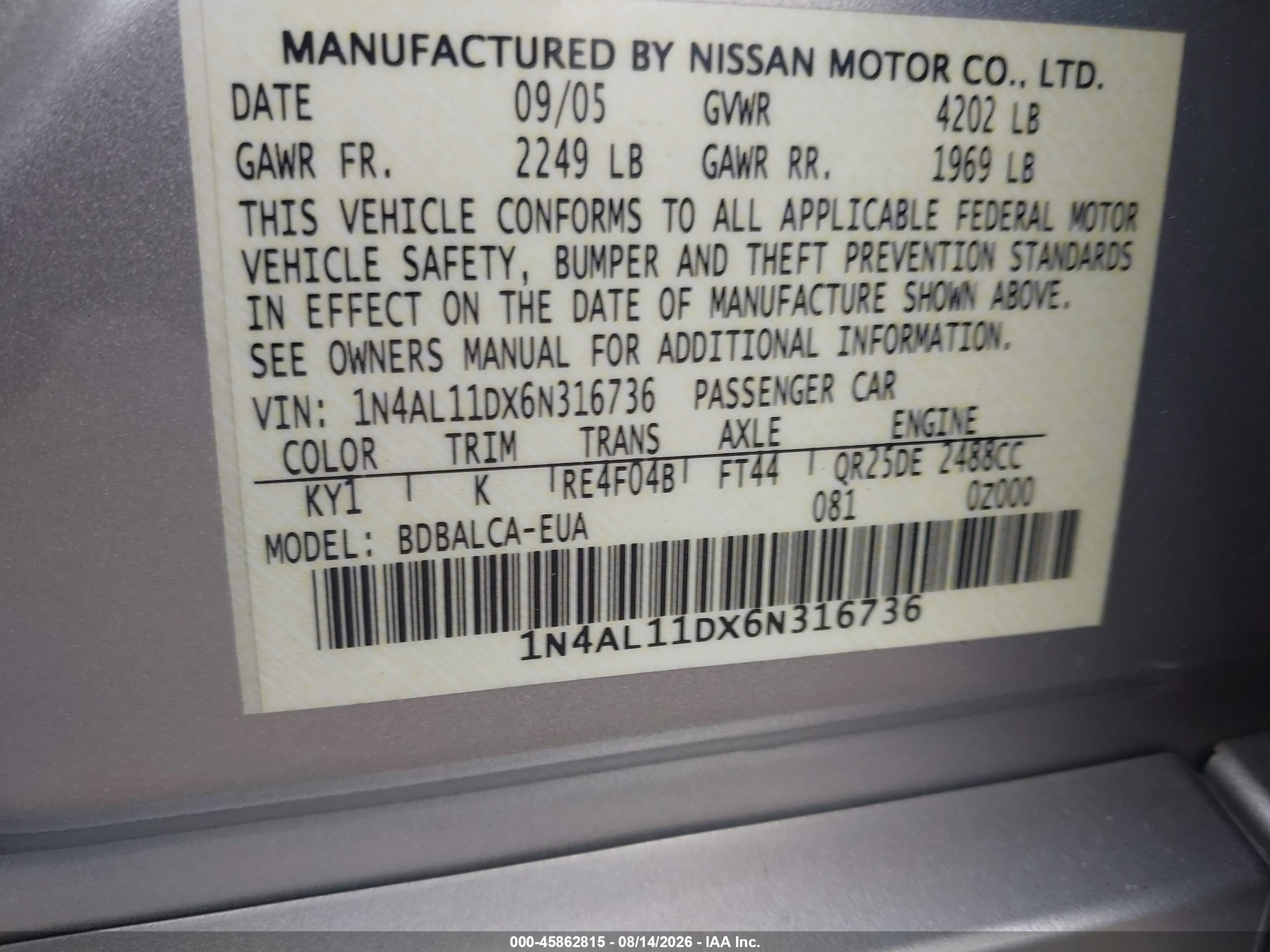 2006 Nissan Altima 2.5 S Silver vin: 1N4AL11DX6N316736