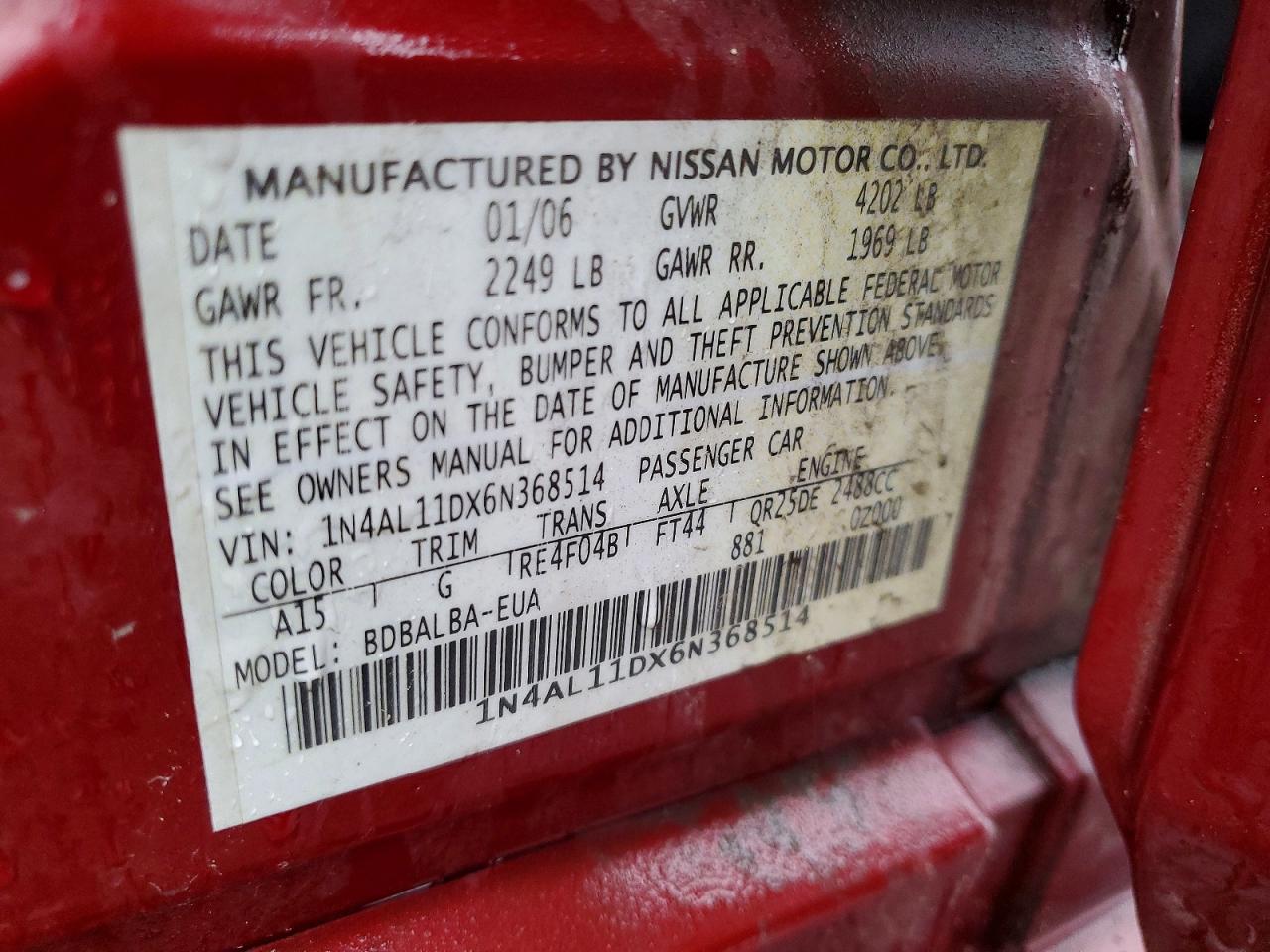 2006 Nissan Altima 2.5 Red vin: 1N4AL11DX6N368514