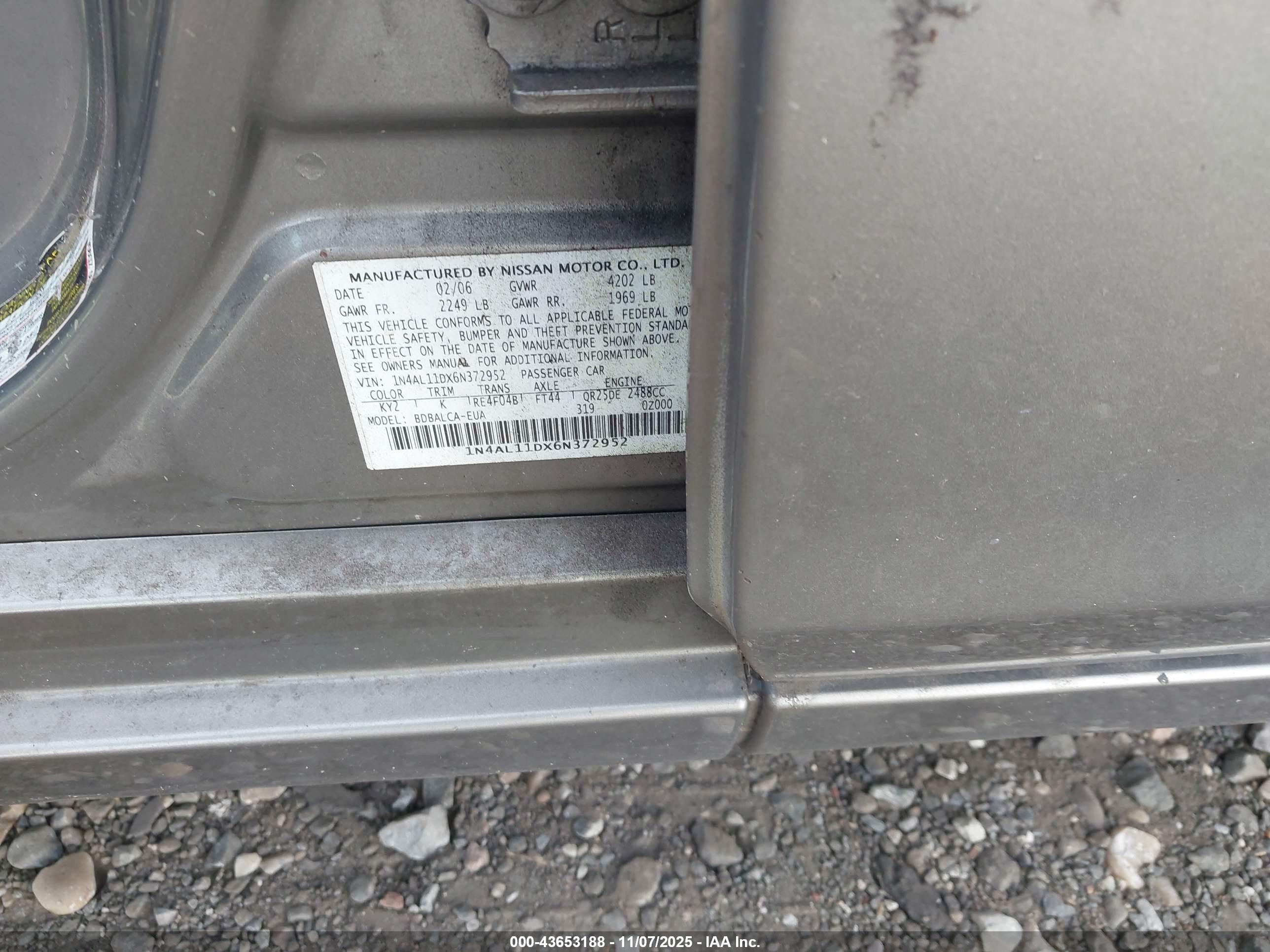 2006 Nissan Altima 2.5 S Silver vin: 1N4AL11DX6N372952