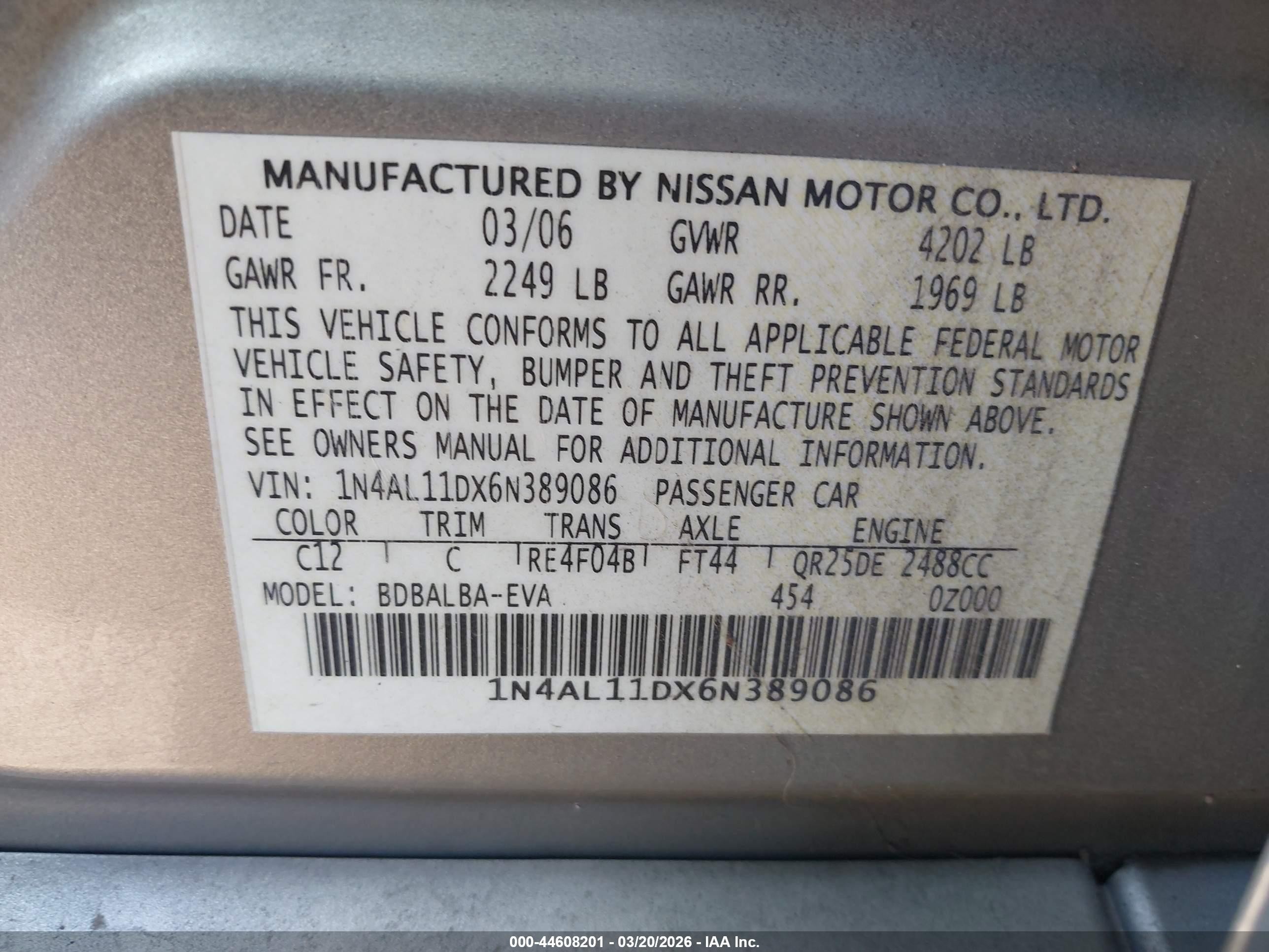 2006 Nissan Altima 2.5 S Gray vin: 1N4AL11DX6N389086