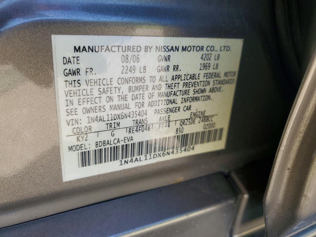2006 Nissan Altima 2.5 Gray vin: 1N4AL11DX6N435404