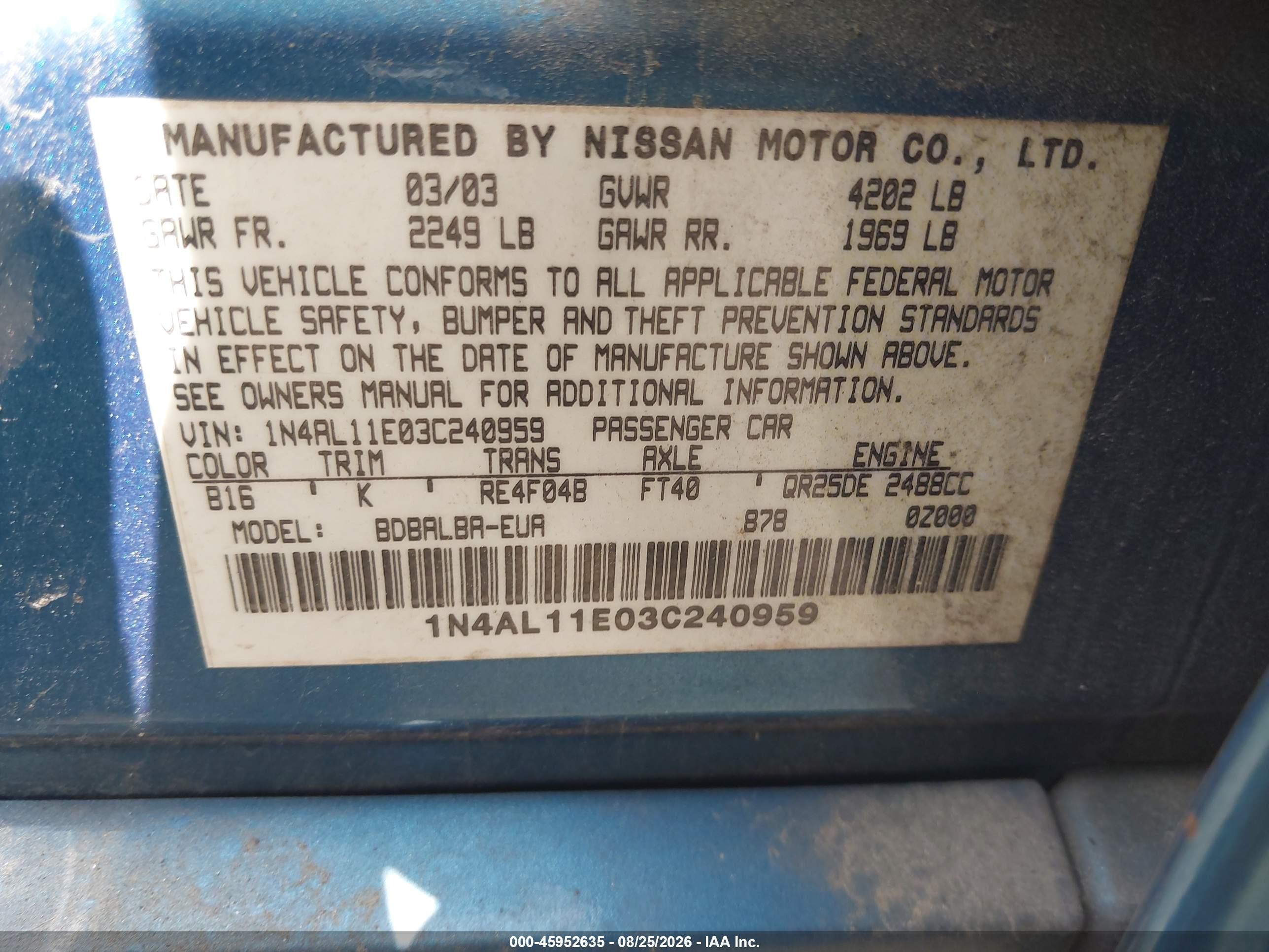 2003 Nissan Altima S/sl Light Blue vin: 1N4AL11E03C240959