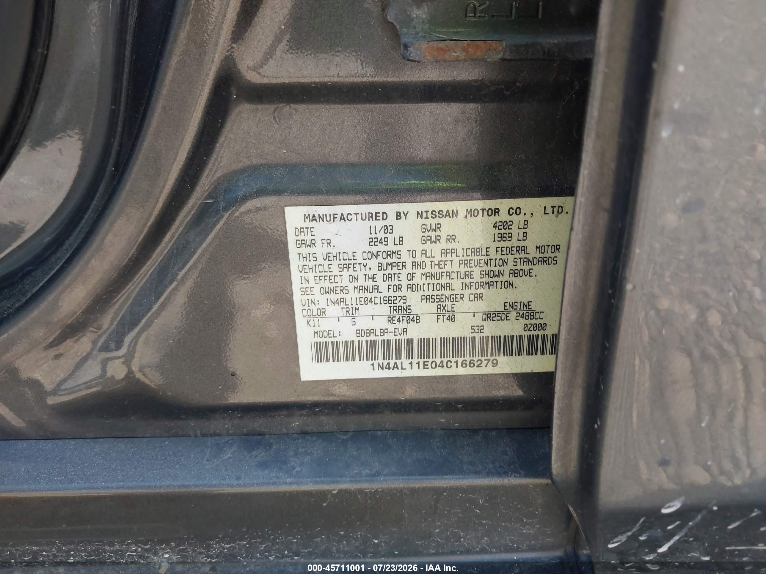 2004 Nissan Altima 2.5 S Gray vin: 1N4AL11E04C166279