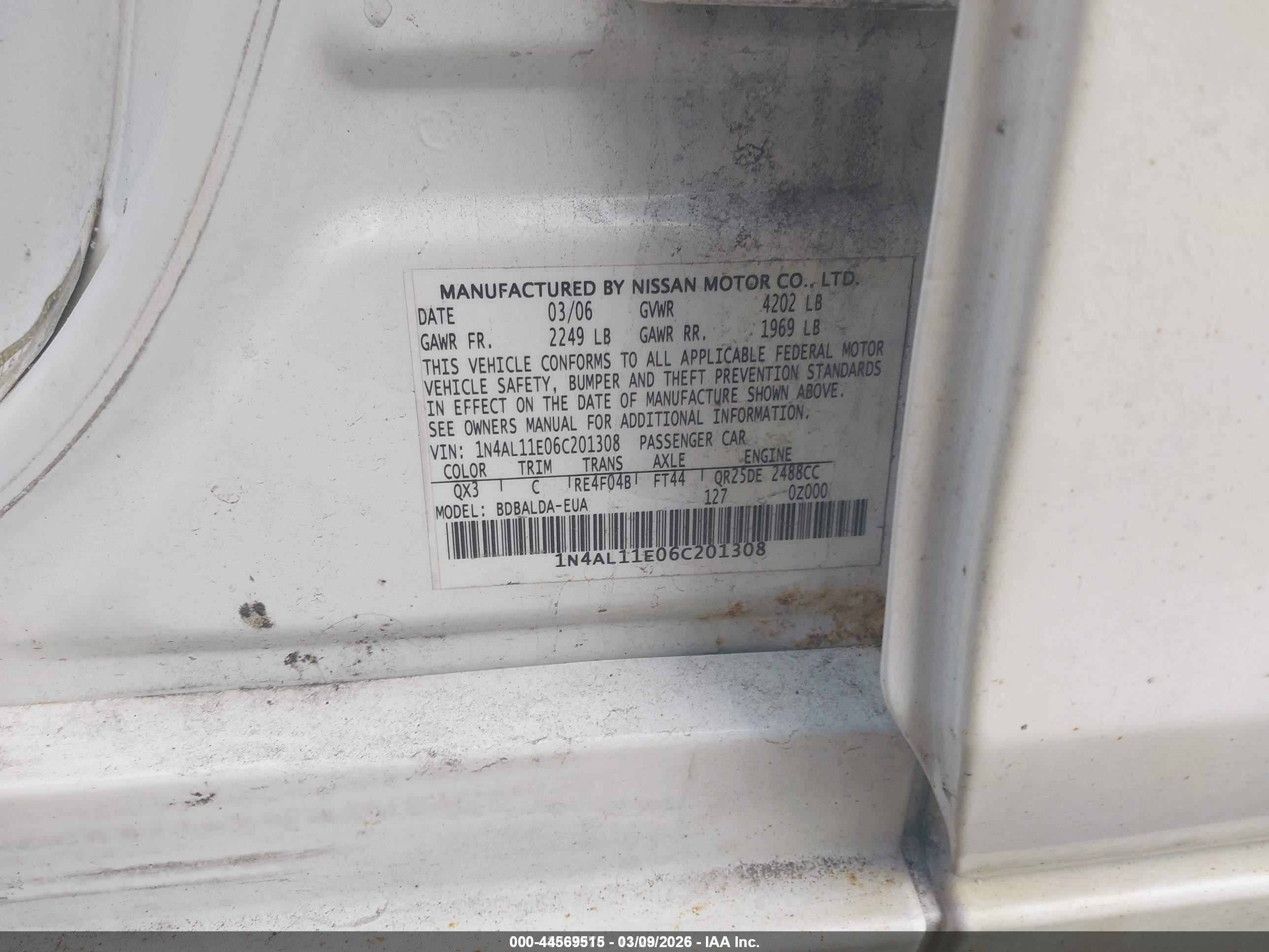2006 Nissan Altima 2.5 S White vin: 1N4AL11E06C201308
