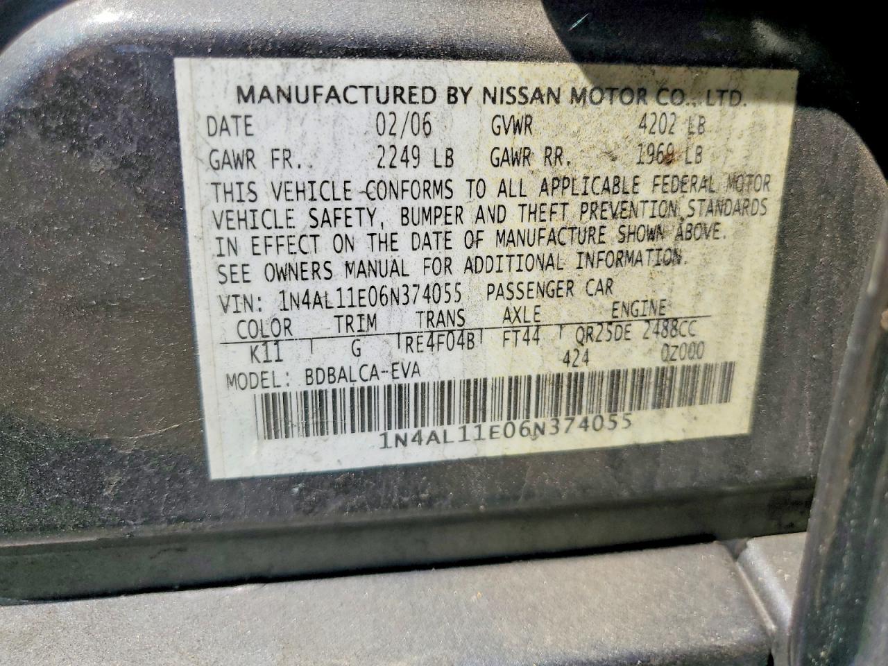 2006 Nissan Altima 2.5 S Серый vin: 1N4AL11E06N374055