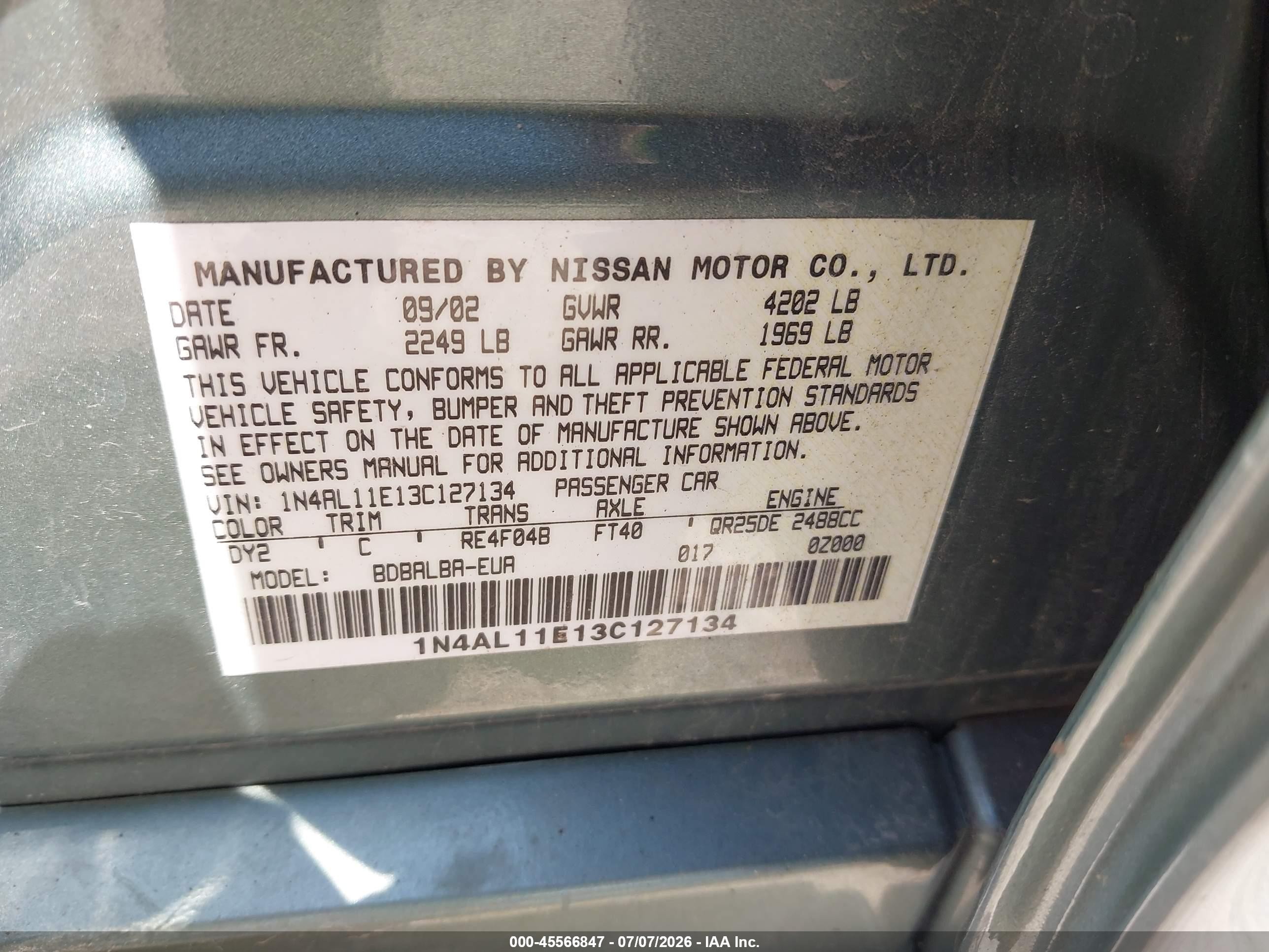 2003 Nissan Altima 2.5 S Зеленый vin: 1N4AL11E13C127134